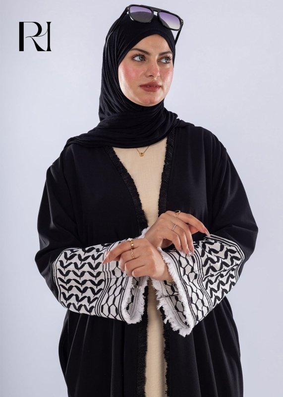 Black Keffiyeh Inspired Abaya Elegant Modest Wear - Ruehaya
