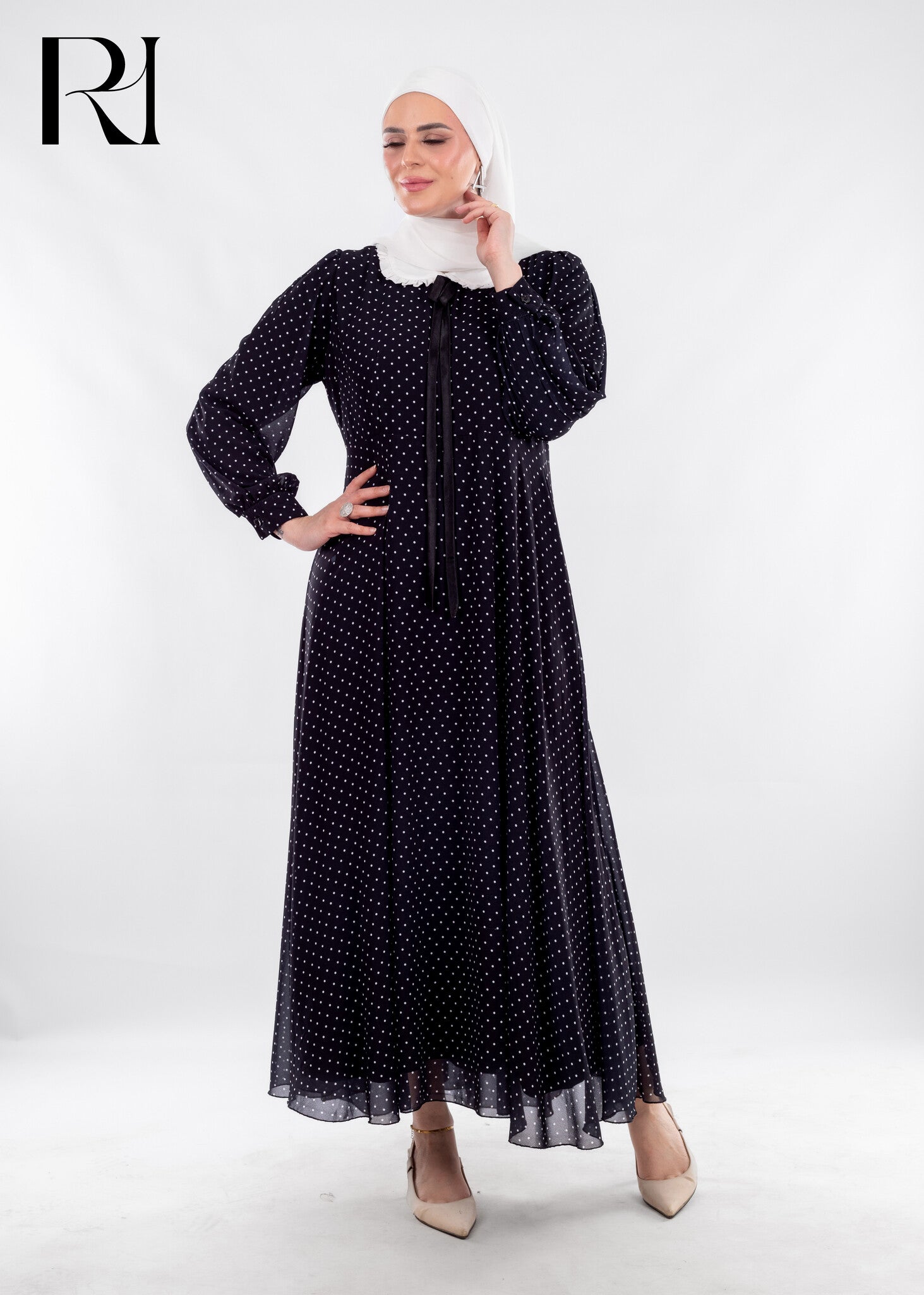 Black Polka Dot Modest Dress with Vintage Charm - Ruehaya