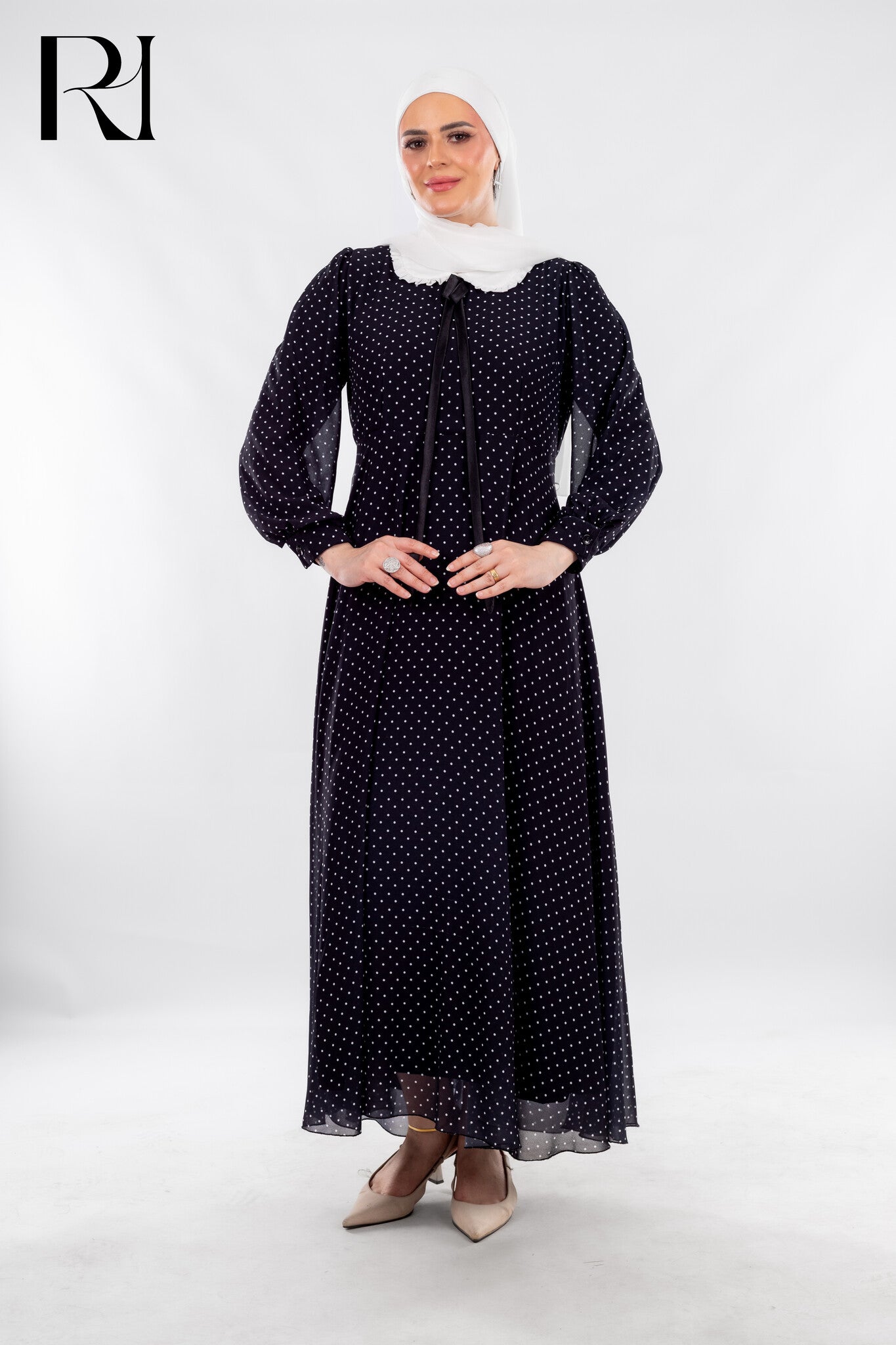 Black Polka Dot Modest Dress with Vintage Charm - Ruehaya