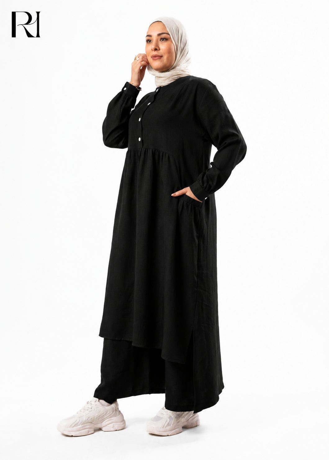 Maram Linen Blend Two-Piece Modest Set – Black