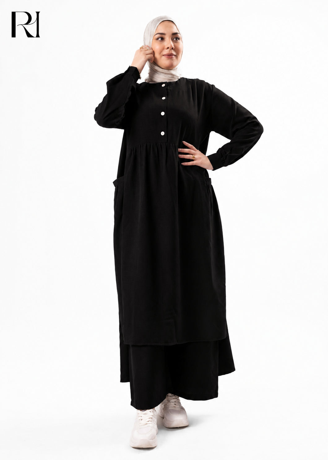 Maram Linen Blend Two-Piece Modest Set – Black