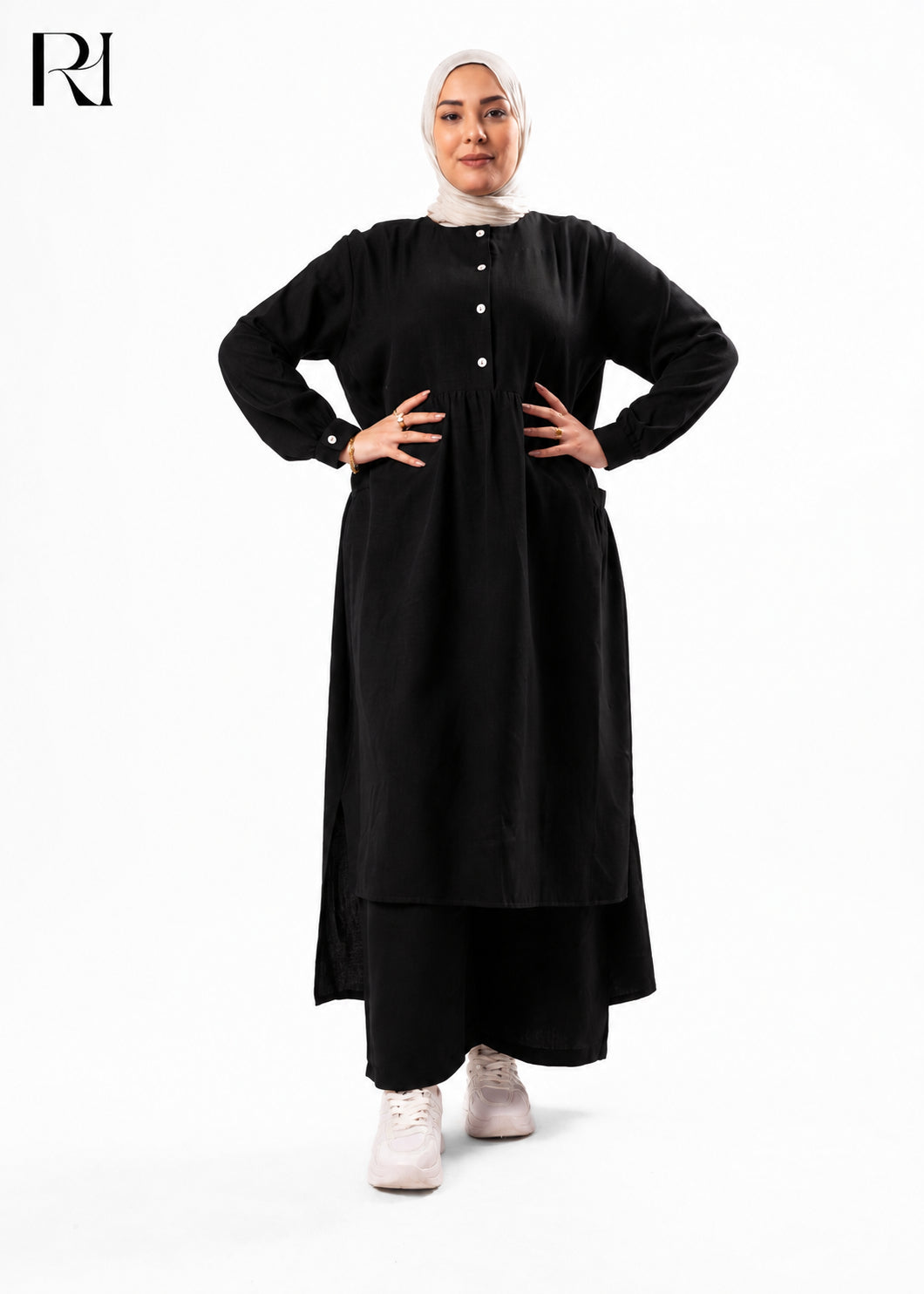 Maram Linen Blend Two-Piece Modest Set – Black