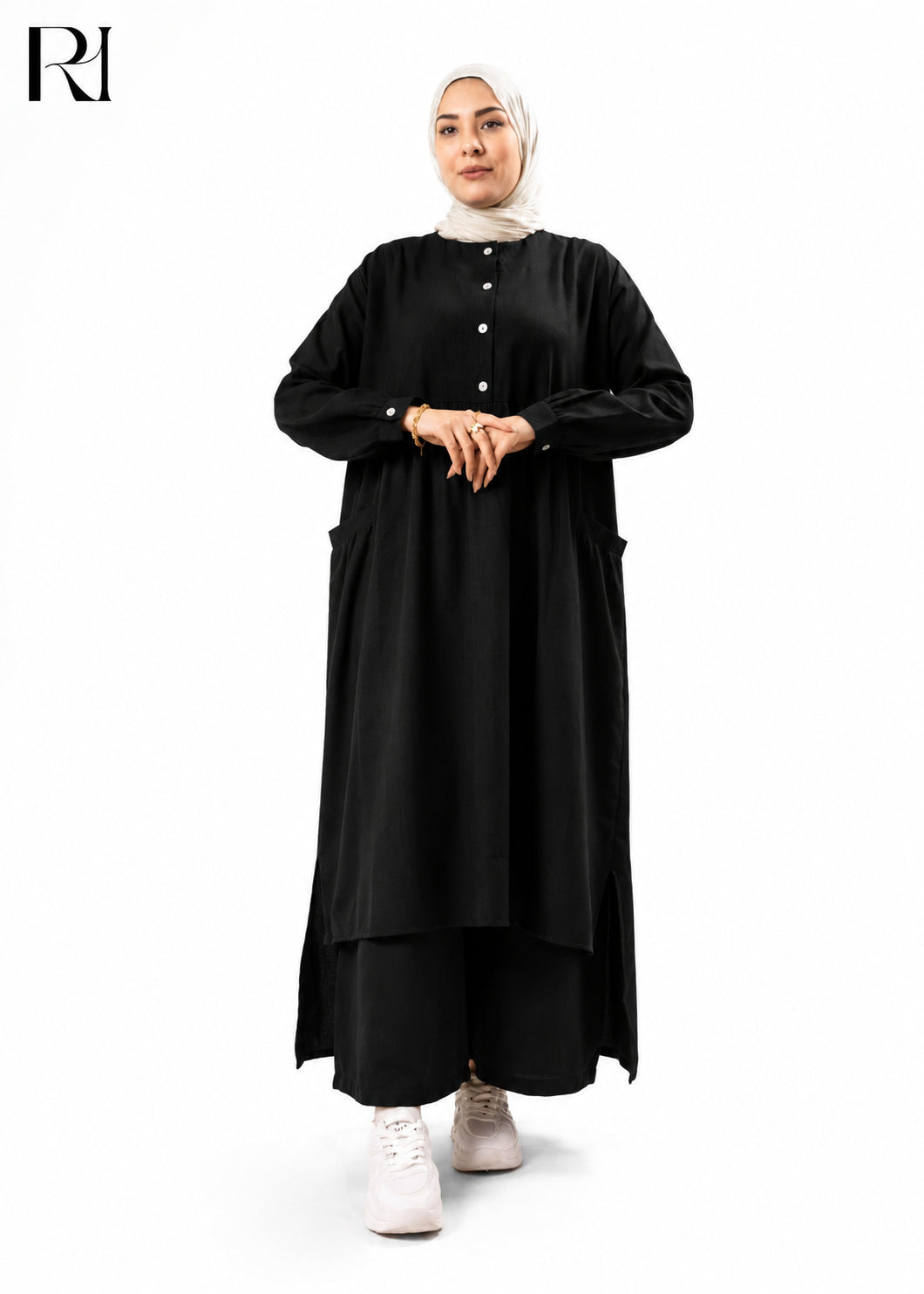 Maram Linen Blend Two-Piece Modest Set – Black