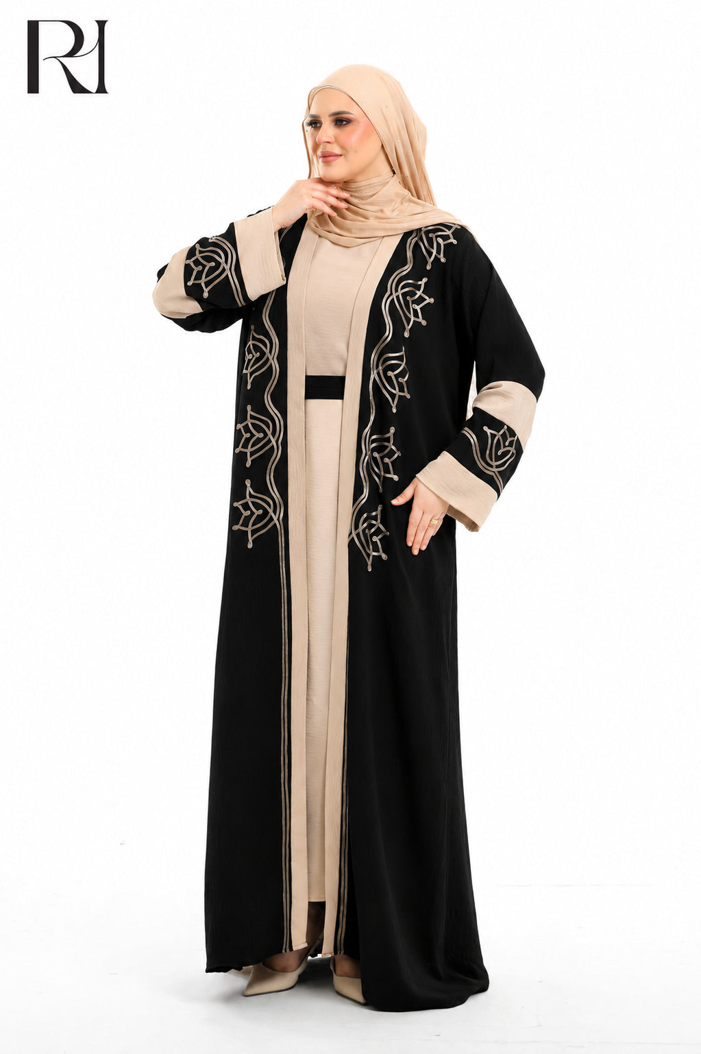 Samira Embroidered Crepe Abaya Set - Black
