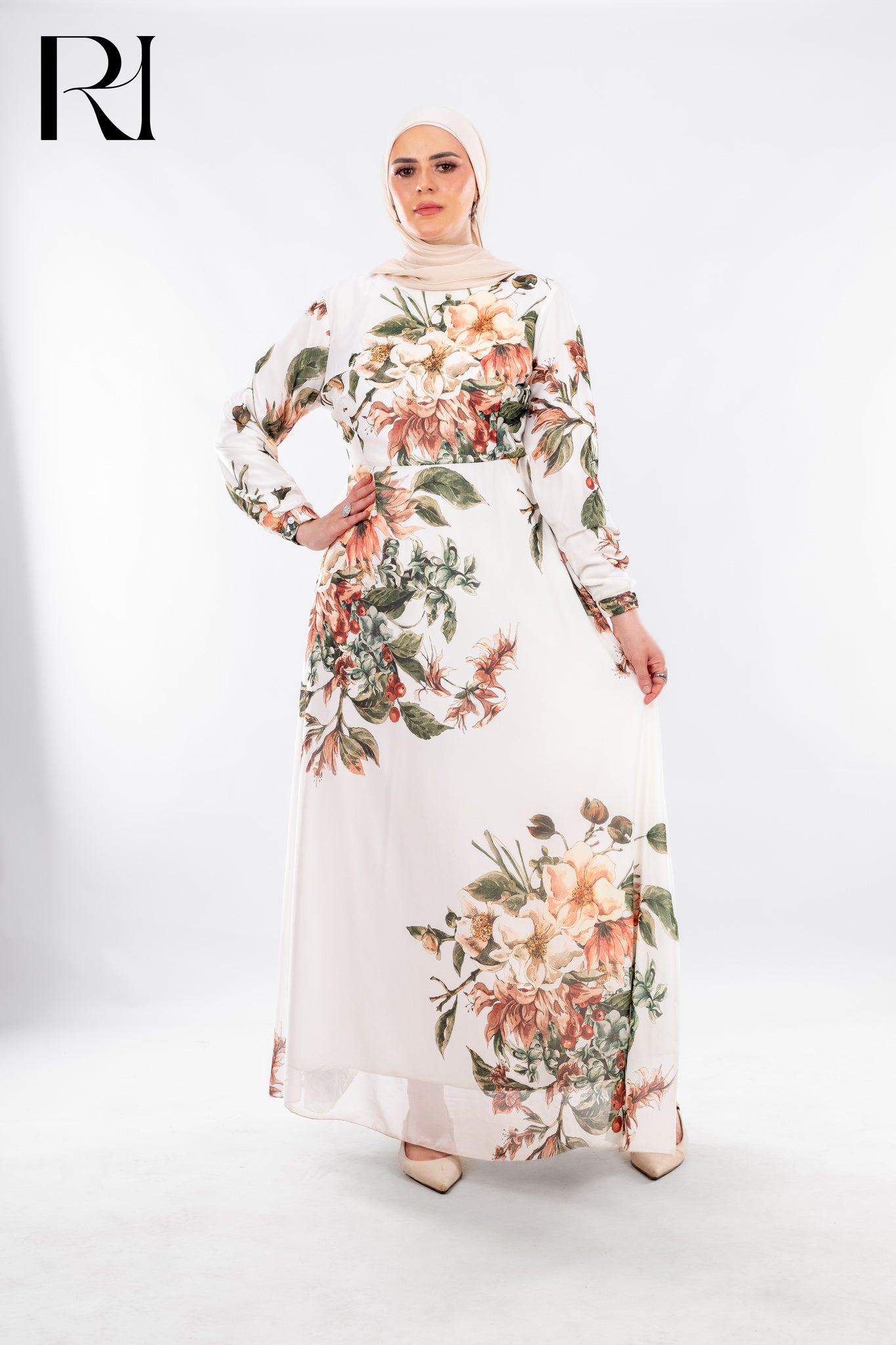 Bloom in Confidence: Modest White Floral Maxi Dress - Ruehaya