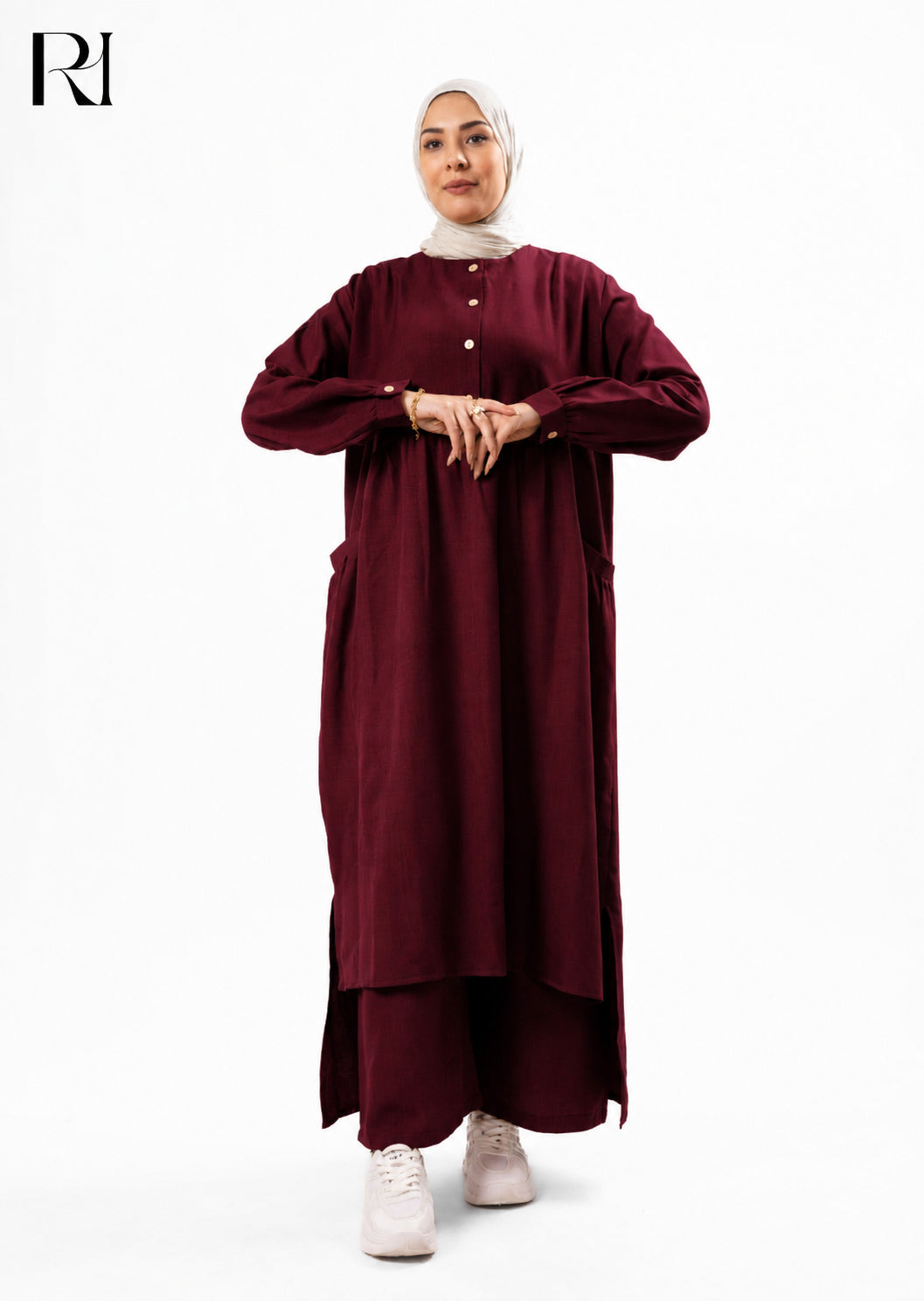 Maram Linen Blend Two-Piece Modest Set – Burgundy