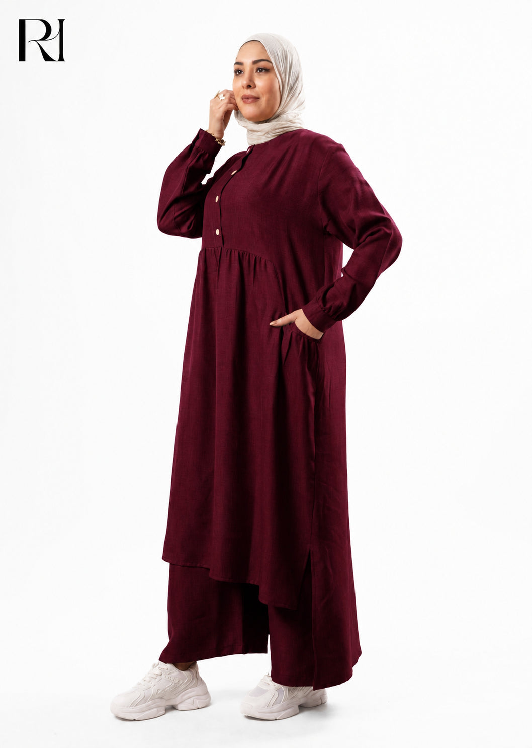 Maram Linen Blend Two-Piece Modest Set – Burgundy