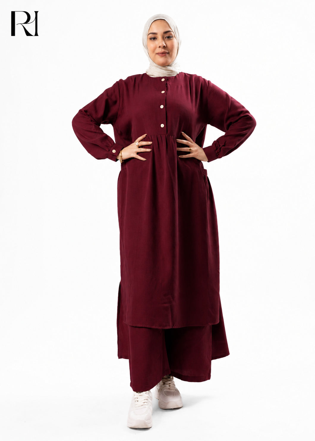 Maram Linen Blend Two-Piece Modest Set – Burgundy