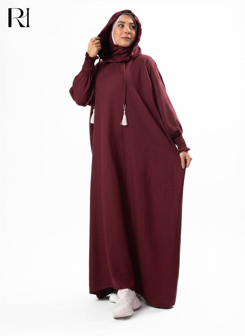 Zaynab Hooded Linen Blend Abaya – Burgundy
