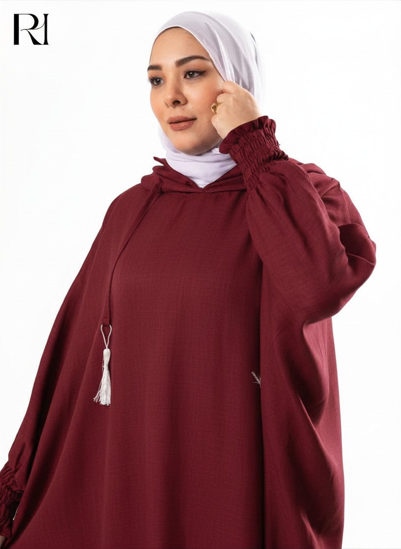 Zaynab Hooded Linen Blend Abaya – Burgundy