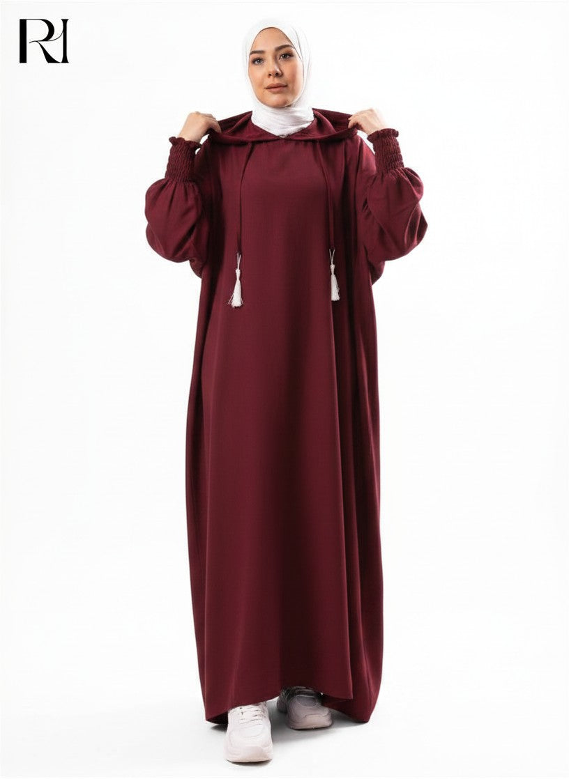 Zaynab Hooded Linen Blend Abaya – Burgundy