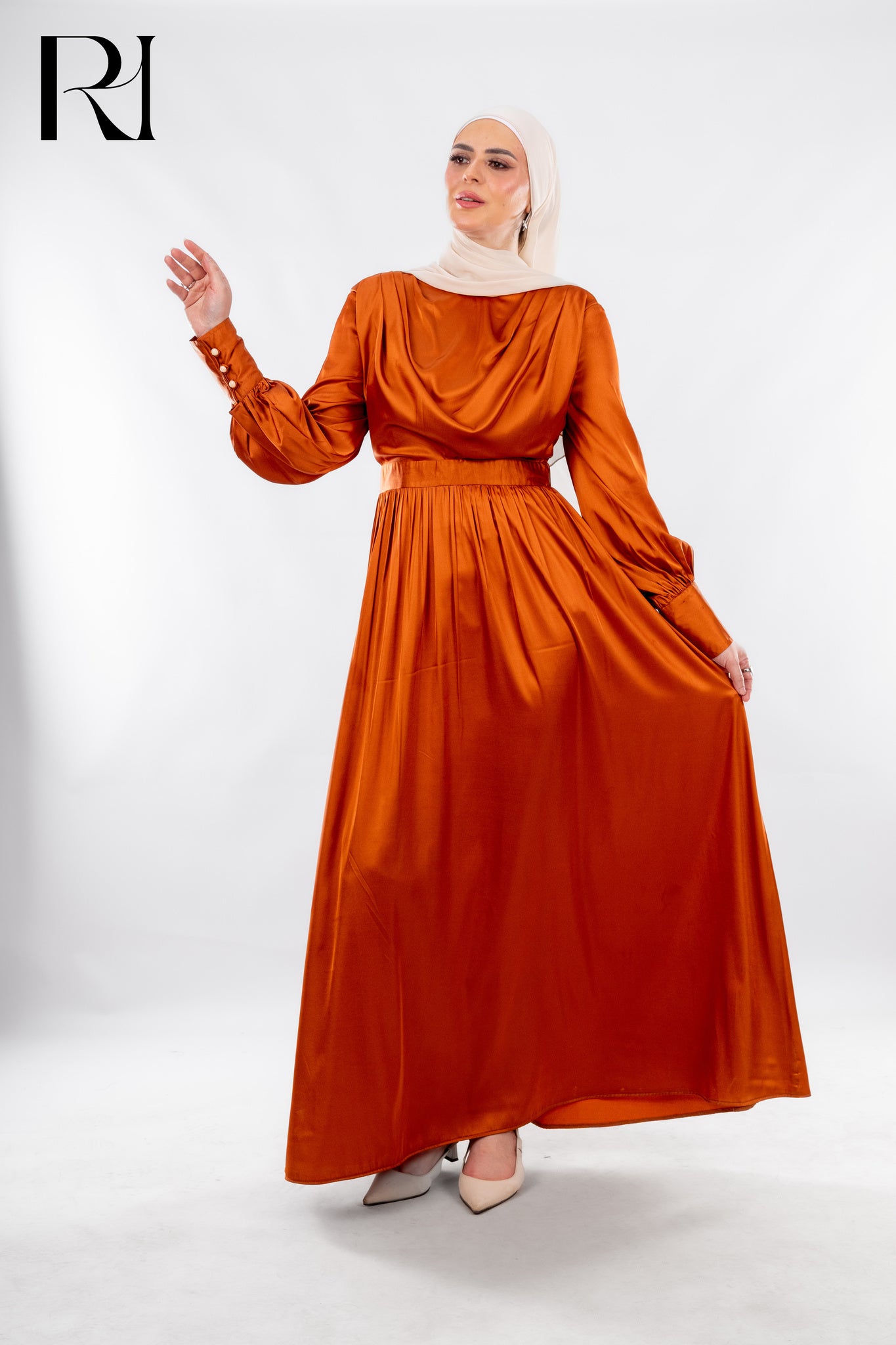 Burnt Orange Satin Modest Dress Radiating Warmth & Charm - Ruehaya