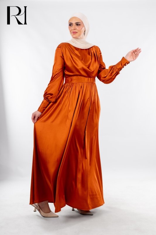 Burnt Orange Satin Modest Dress Radiating Warmth & Charm - Ruehaya