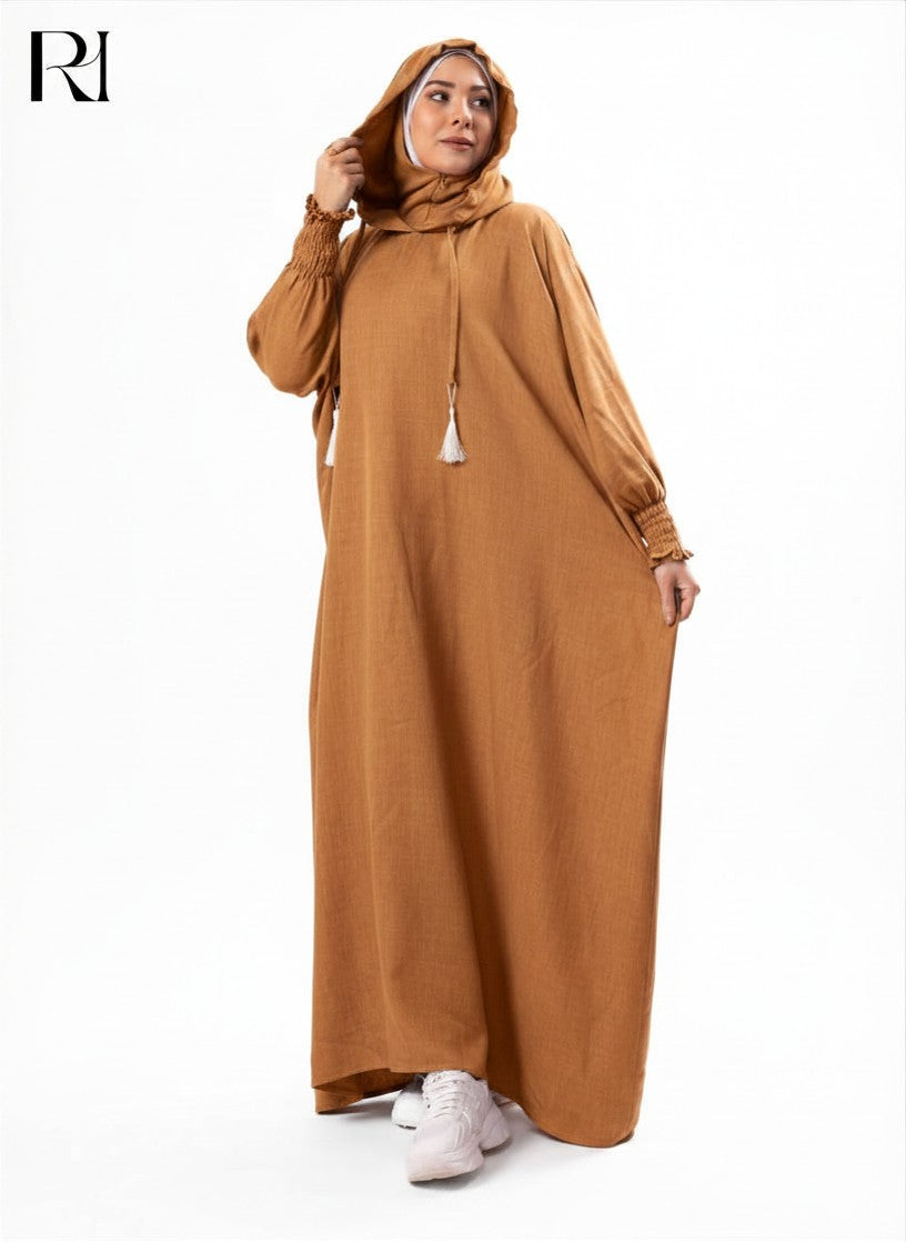 Zaynab Hooded Linen Blend Abaya – Caramel