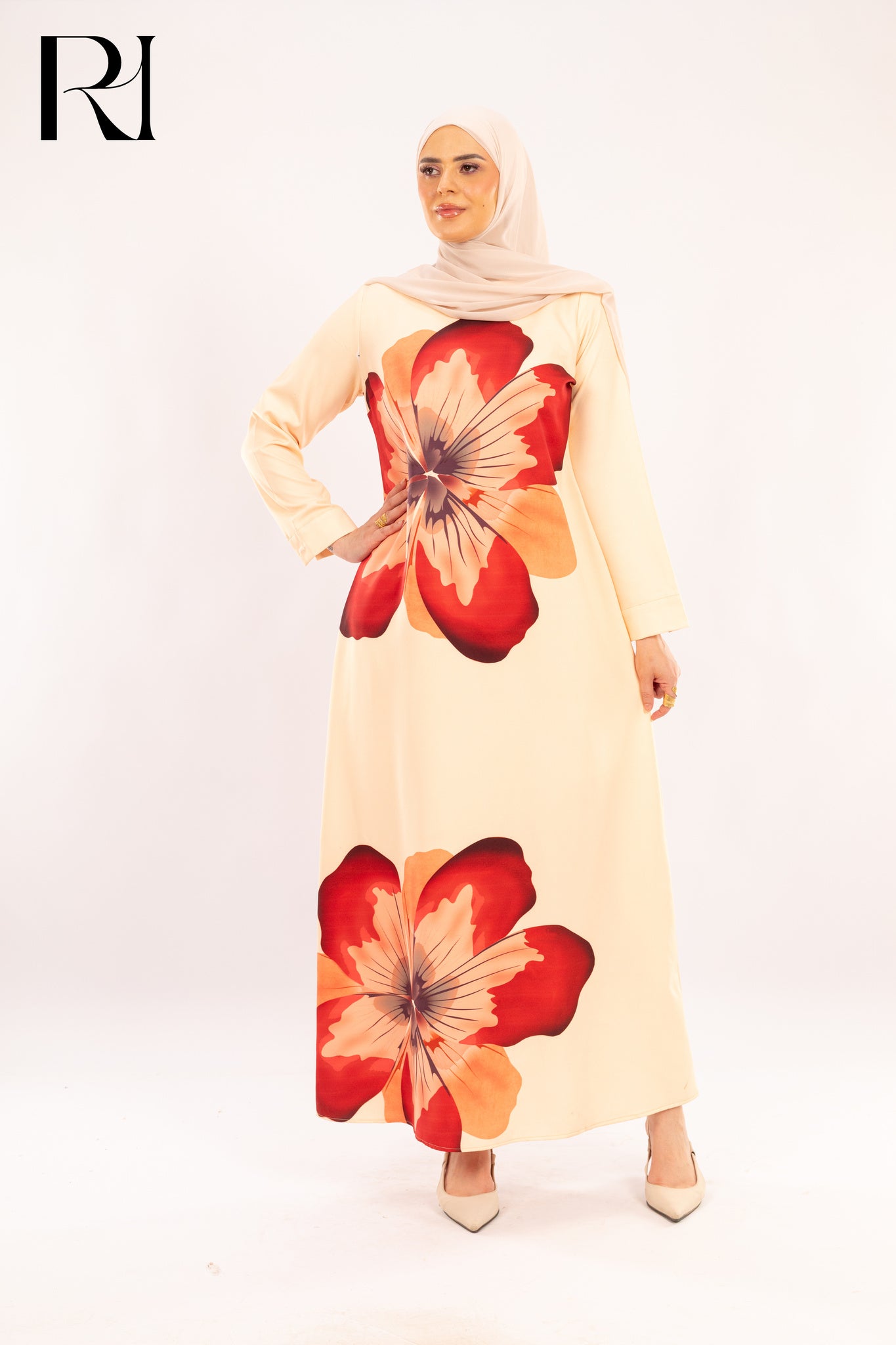 Catalina Cream & Crimson oversized Floral Print Dress - Ruehaya