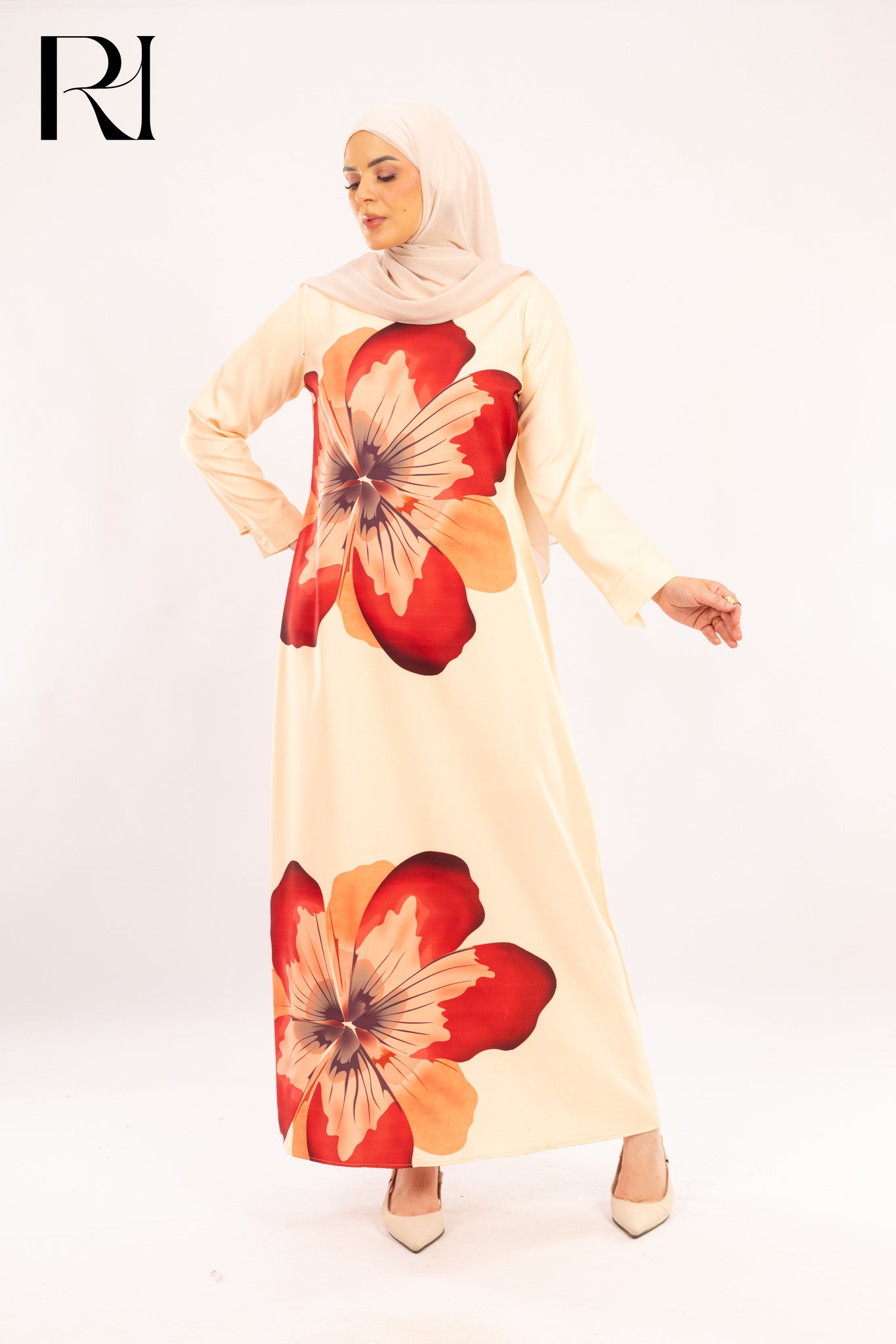 Catalina Cream & Crimson oversized Floral Print Dress - Ruehaya