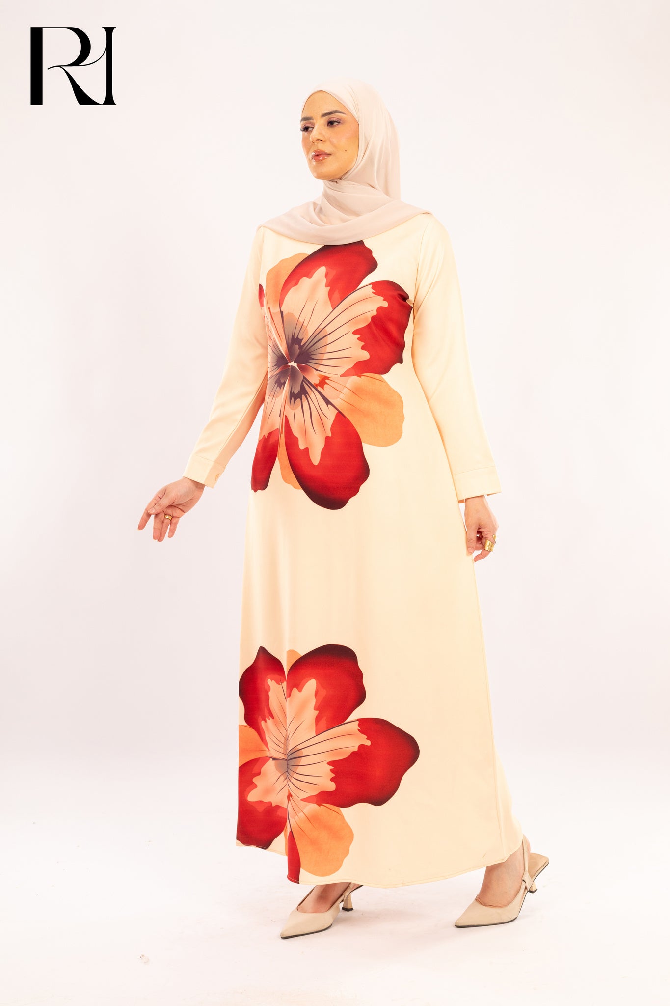 Catalina Cream & Crimson oversized Floral Print Dress - Ruehaya