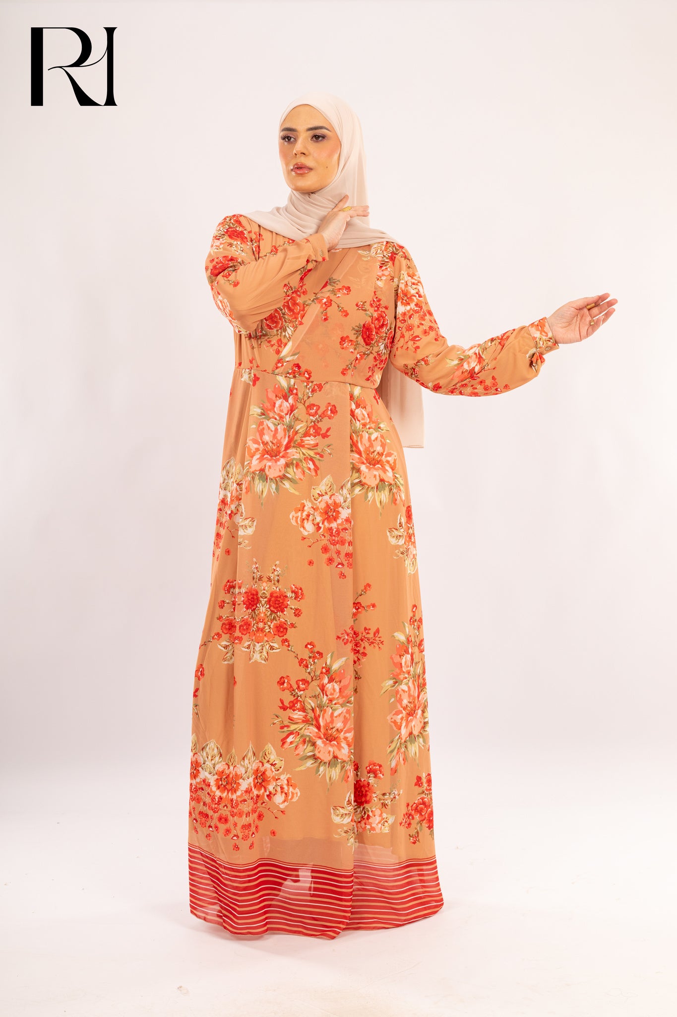 Clara Apricot Floral Chiffon Maxi Dress - Ruehaya