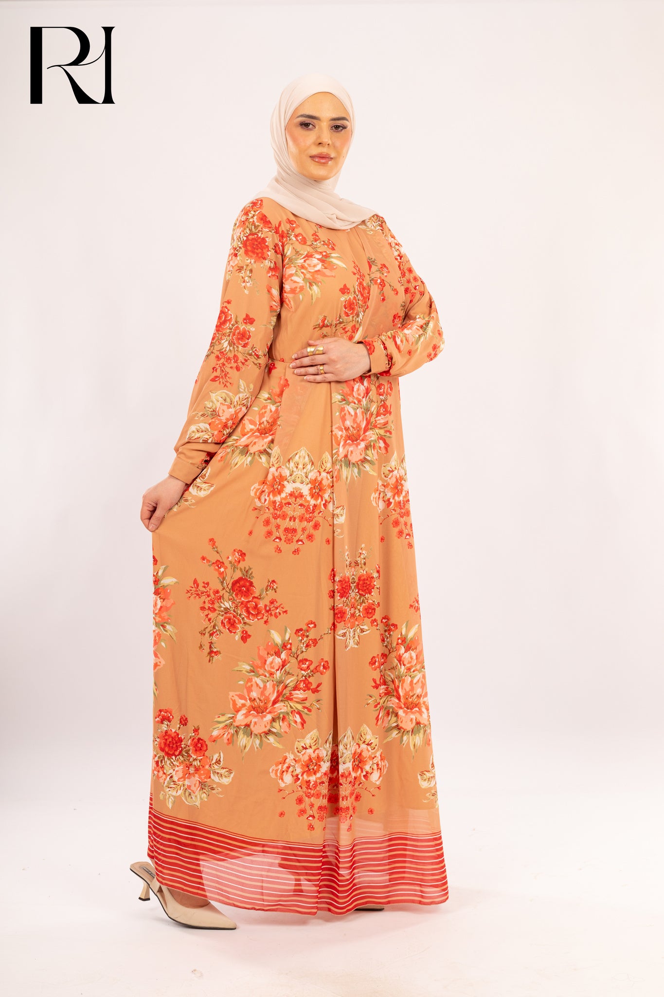 Clara Apricot Floral Chiffon Maxi Dress - Ruehaya