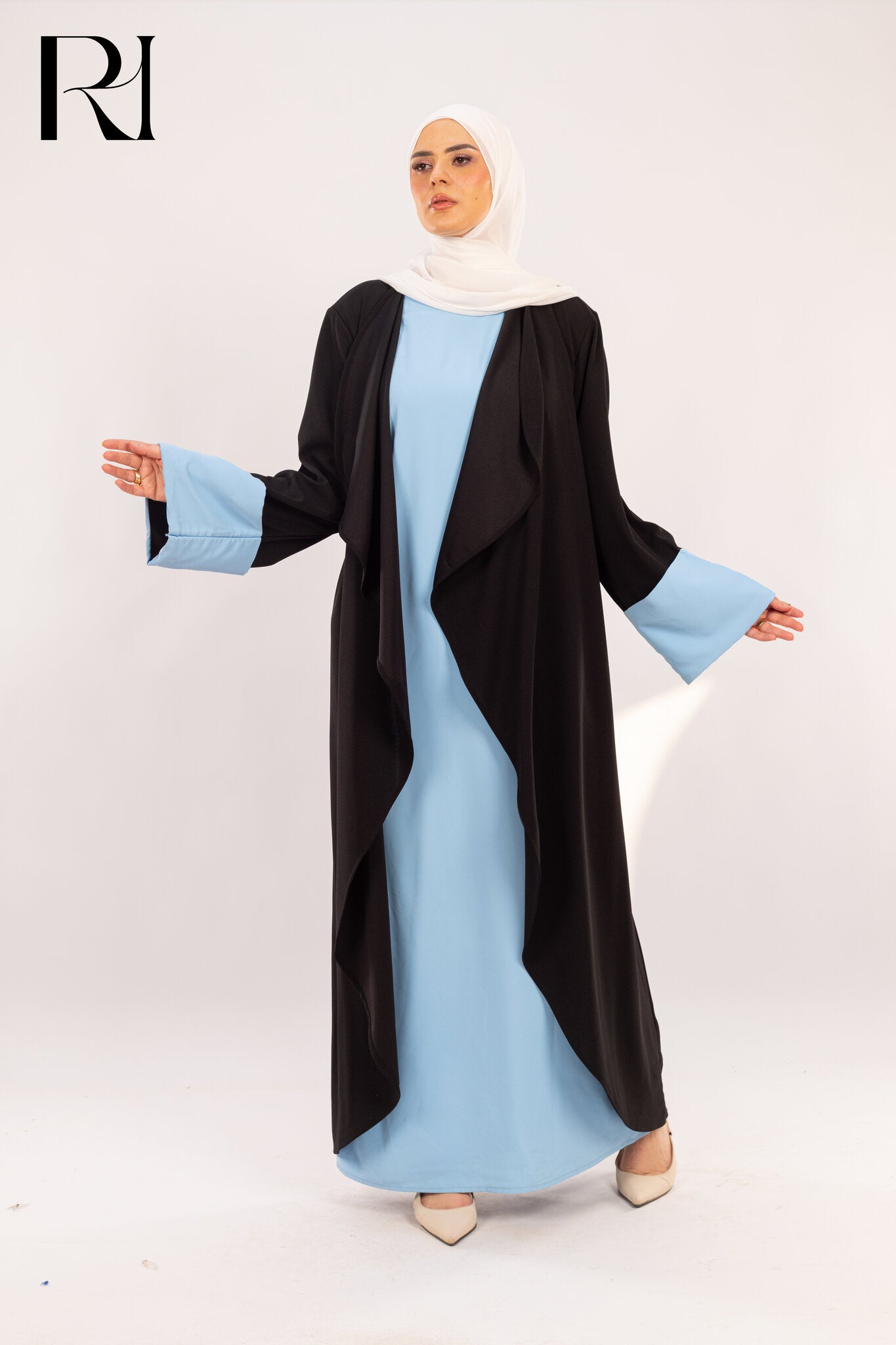 Dalia Black & Sky Blue Two - Piece Abaya Set - Ruehaya