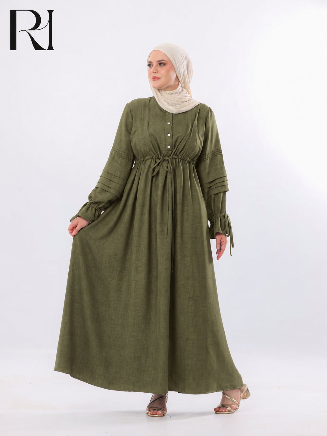 Rima Pintuck Linen-Blend Maxi Dress – Olive Green