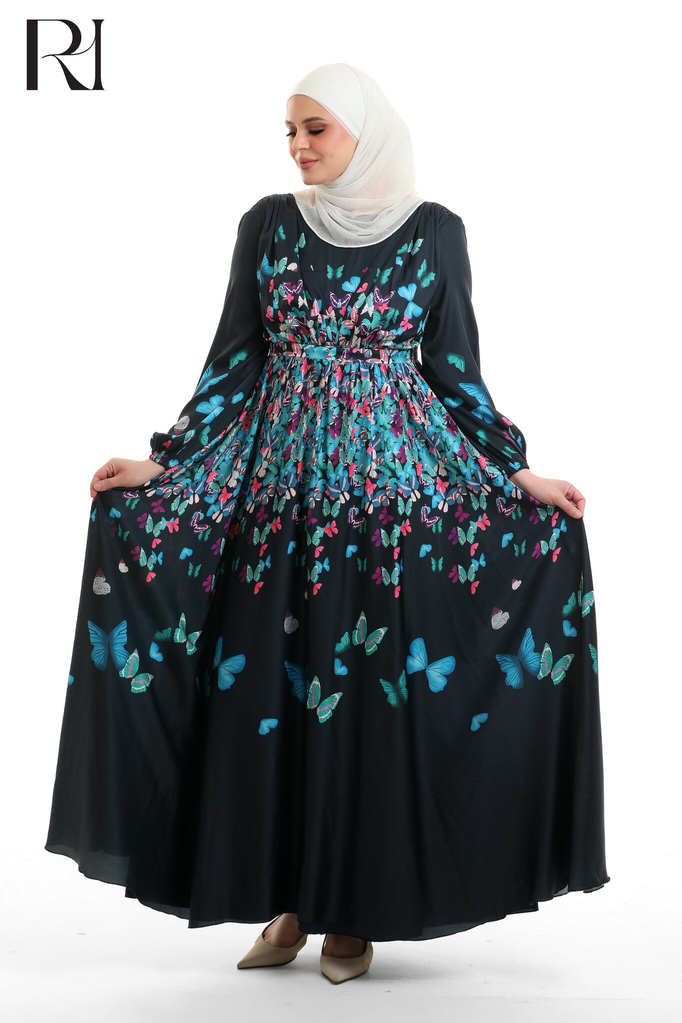 Hala Butterfly Satin Touch Maxi Dress - Blue Floral