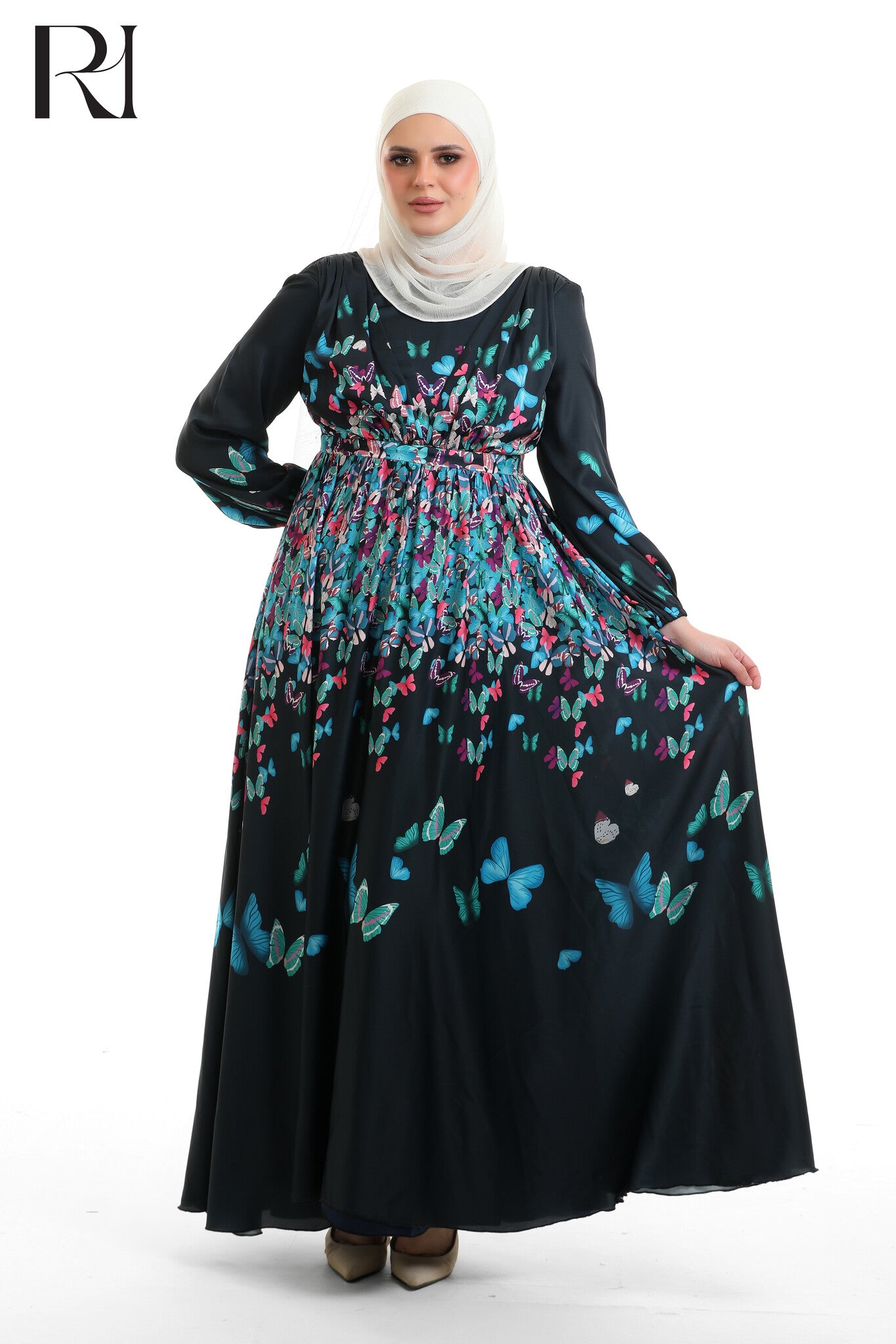 Hala Butterfly Satin Touch Maxi Dress - Blue Floral