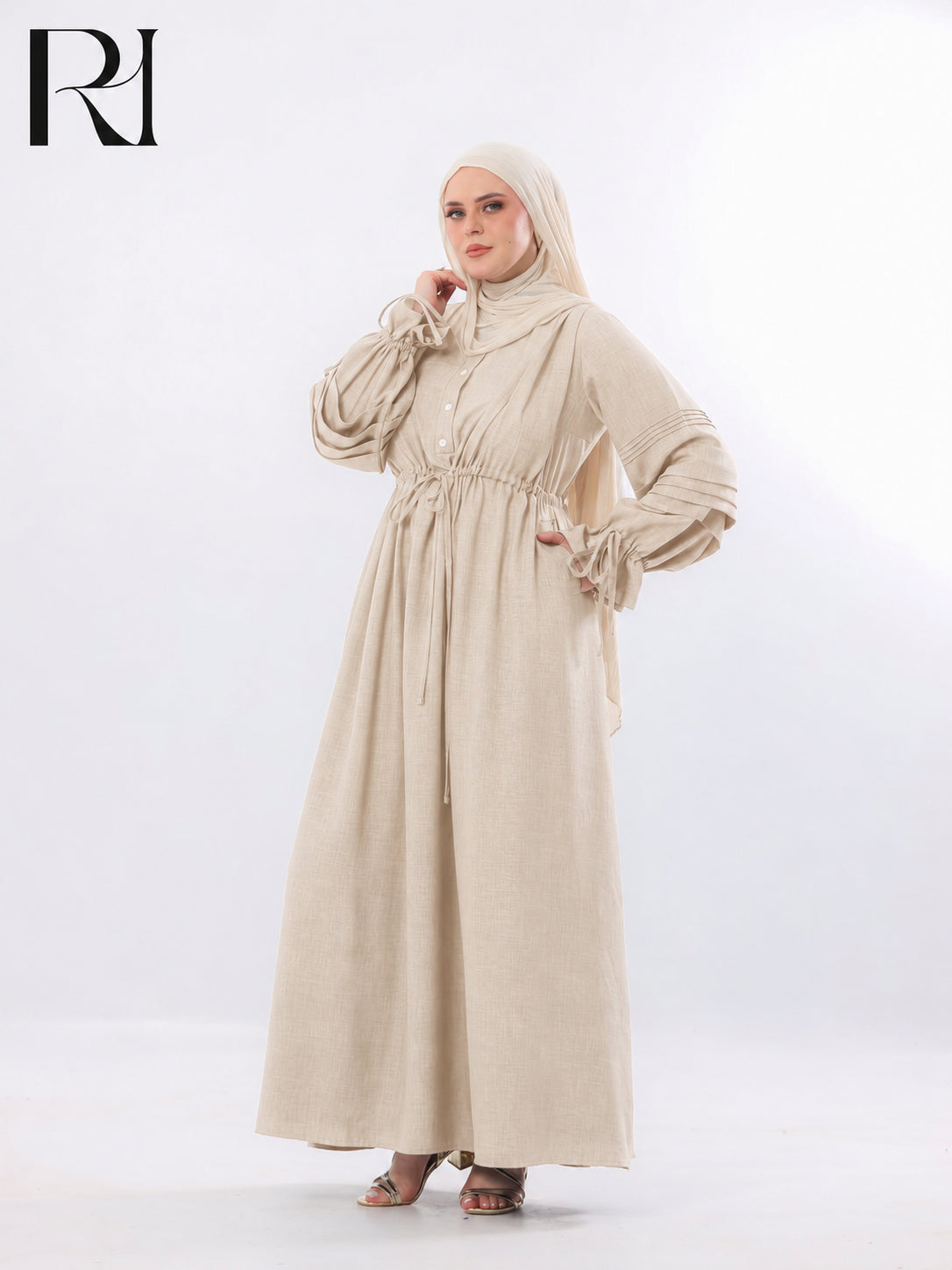 Rima Pintuck Linen-Blend Maxi Dress – Beige