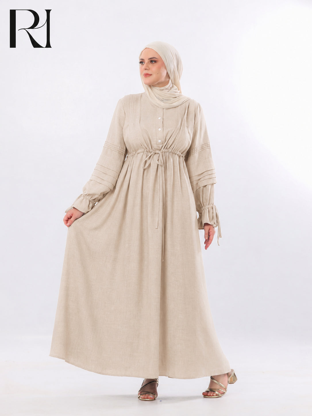 Rima Pintuck Linen-Blend Maxi Dress – Beige