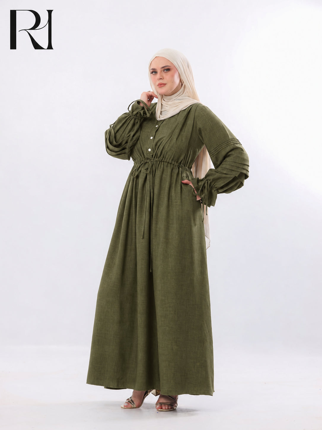 Rima Pintuck Linen-Blend Maxi Dress – Olive Green