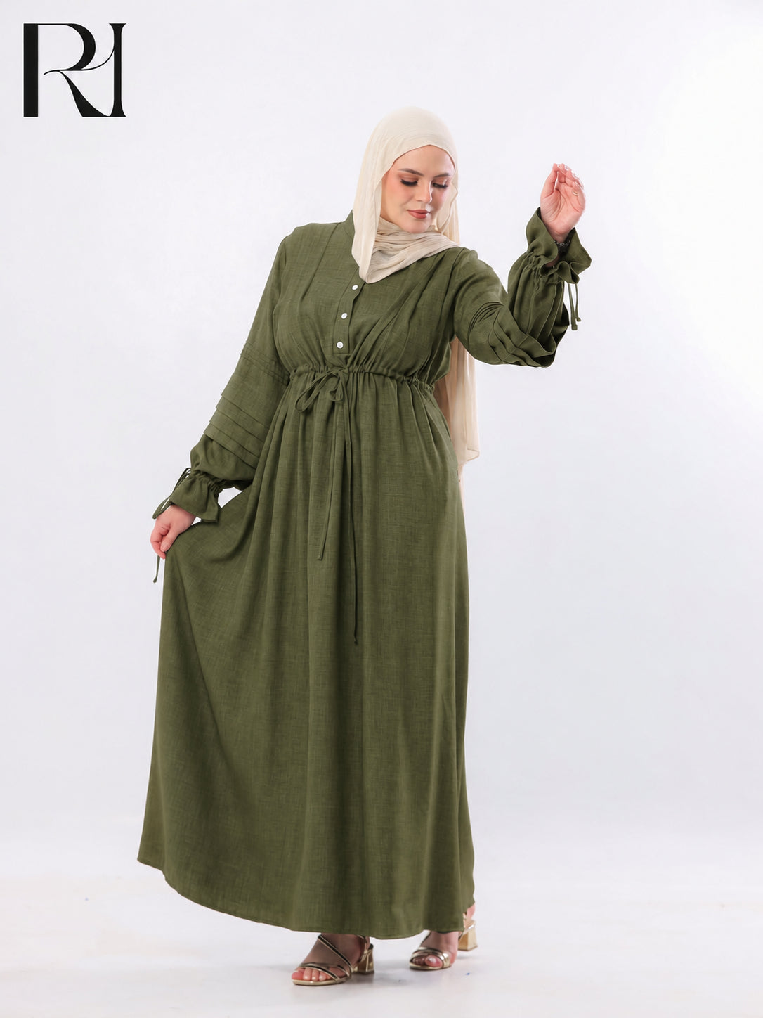 Rima Pintuck Linen-Blend Maxi Dress – Olive Green
