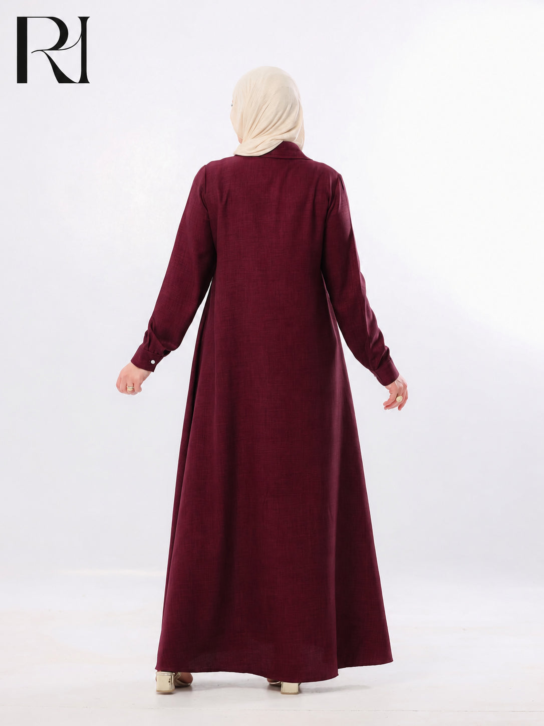 Rania Pearl Button Linen-Blend Maxi Dress – Burgundy