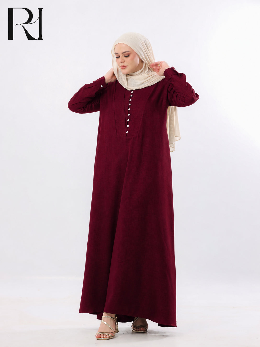 Rania Pearl Button Linen-Blend Maxi Dress – Burgundy