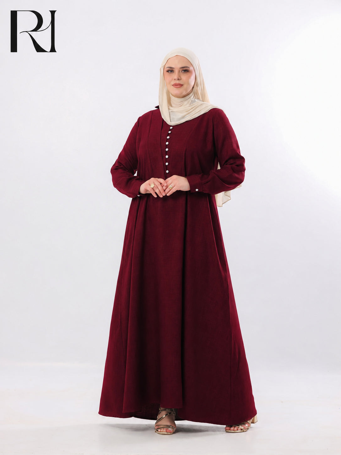 Rania Pearl Button Linen-Blend Maxi Dress – Burgundy