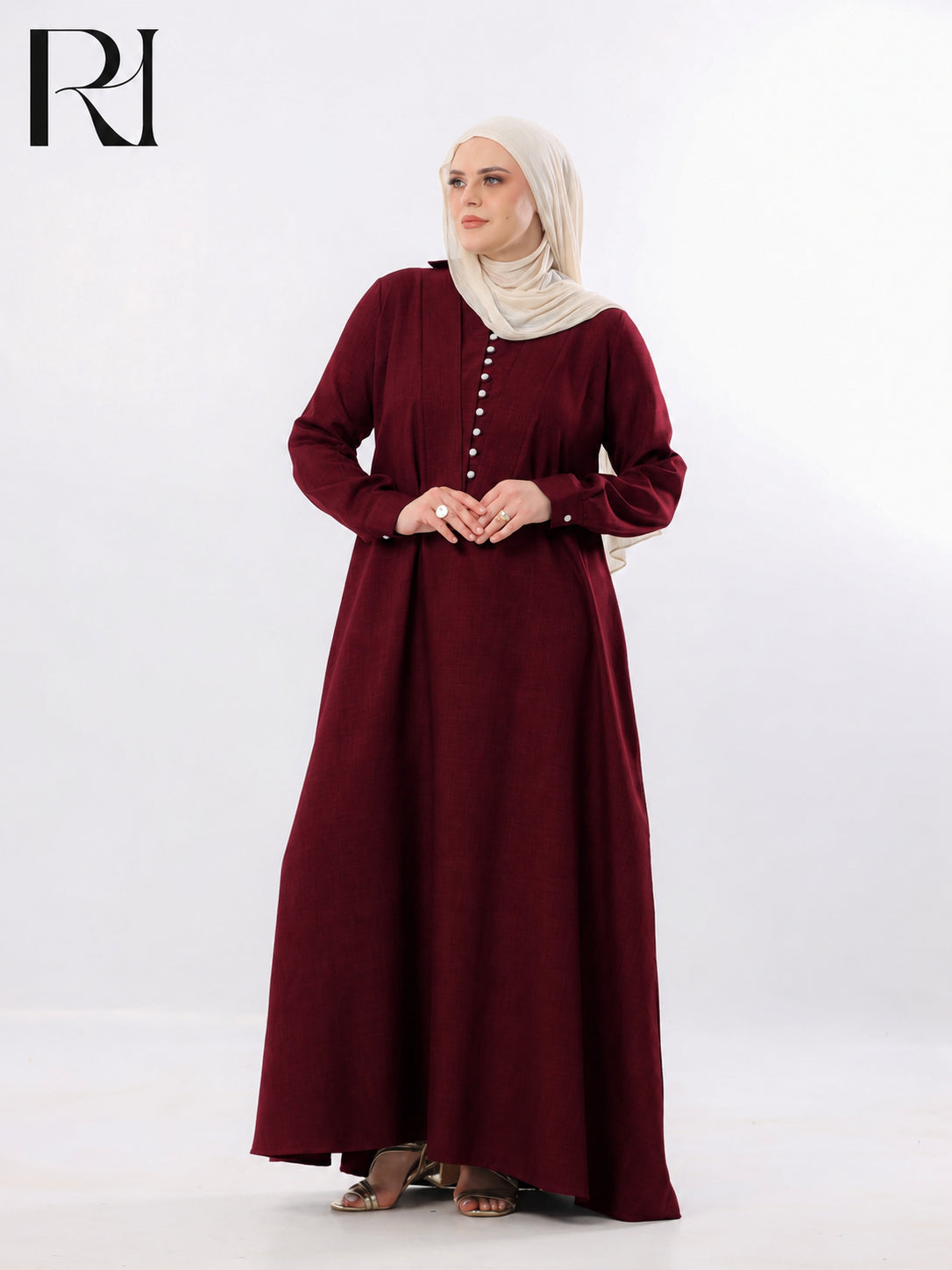 Rania Pearl Button Linen-Blend Maxi Dress – Burgundy