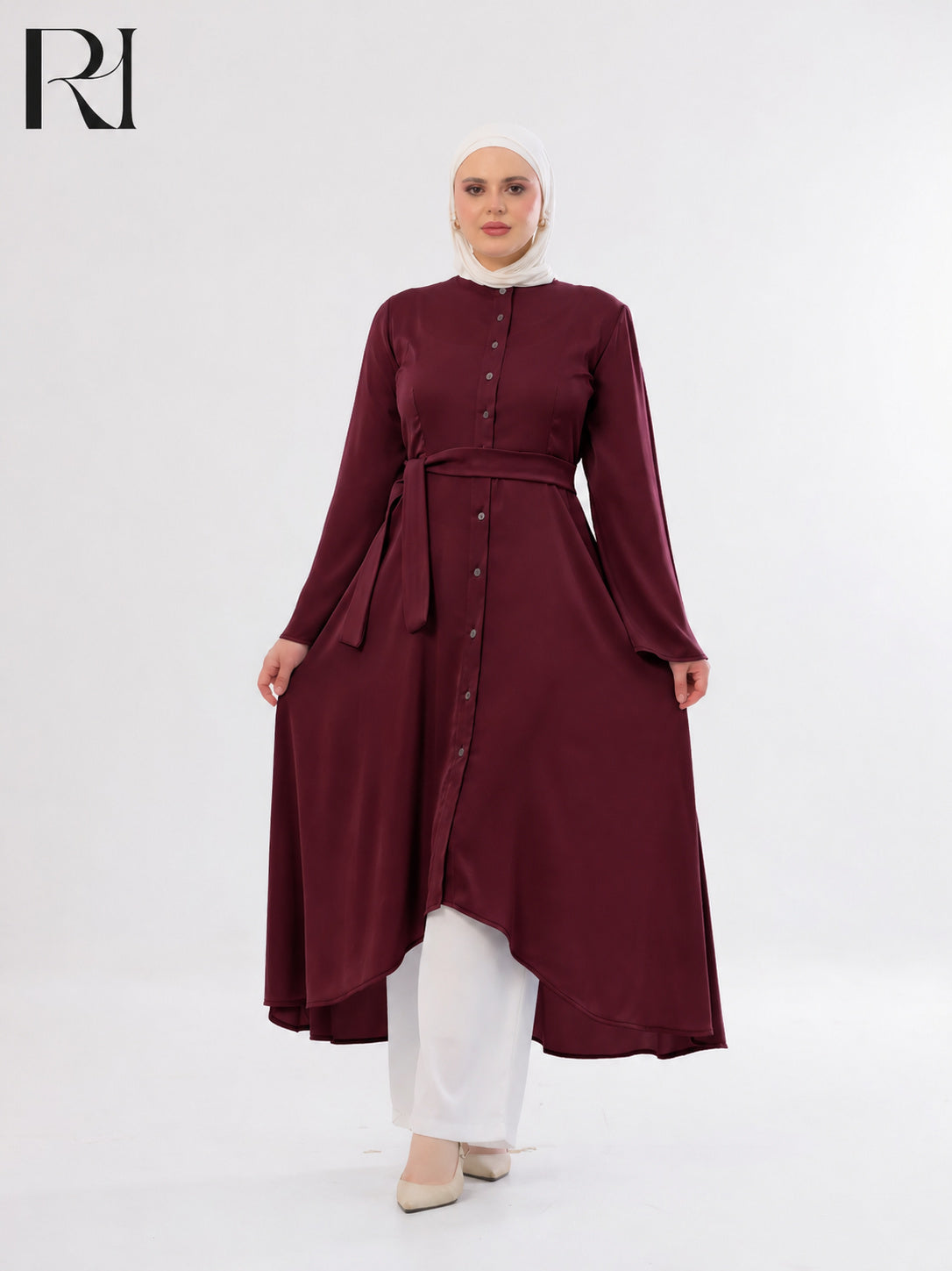 Rahaf Soft Lightweight Silk Two-Piece Set – Burgundy & White