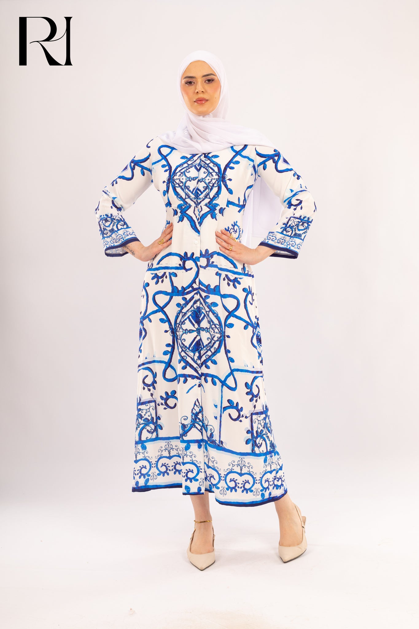 Elara Azure Tile Print Modest Maxi Dress - Ruehaya