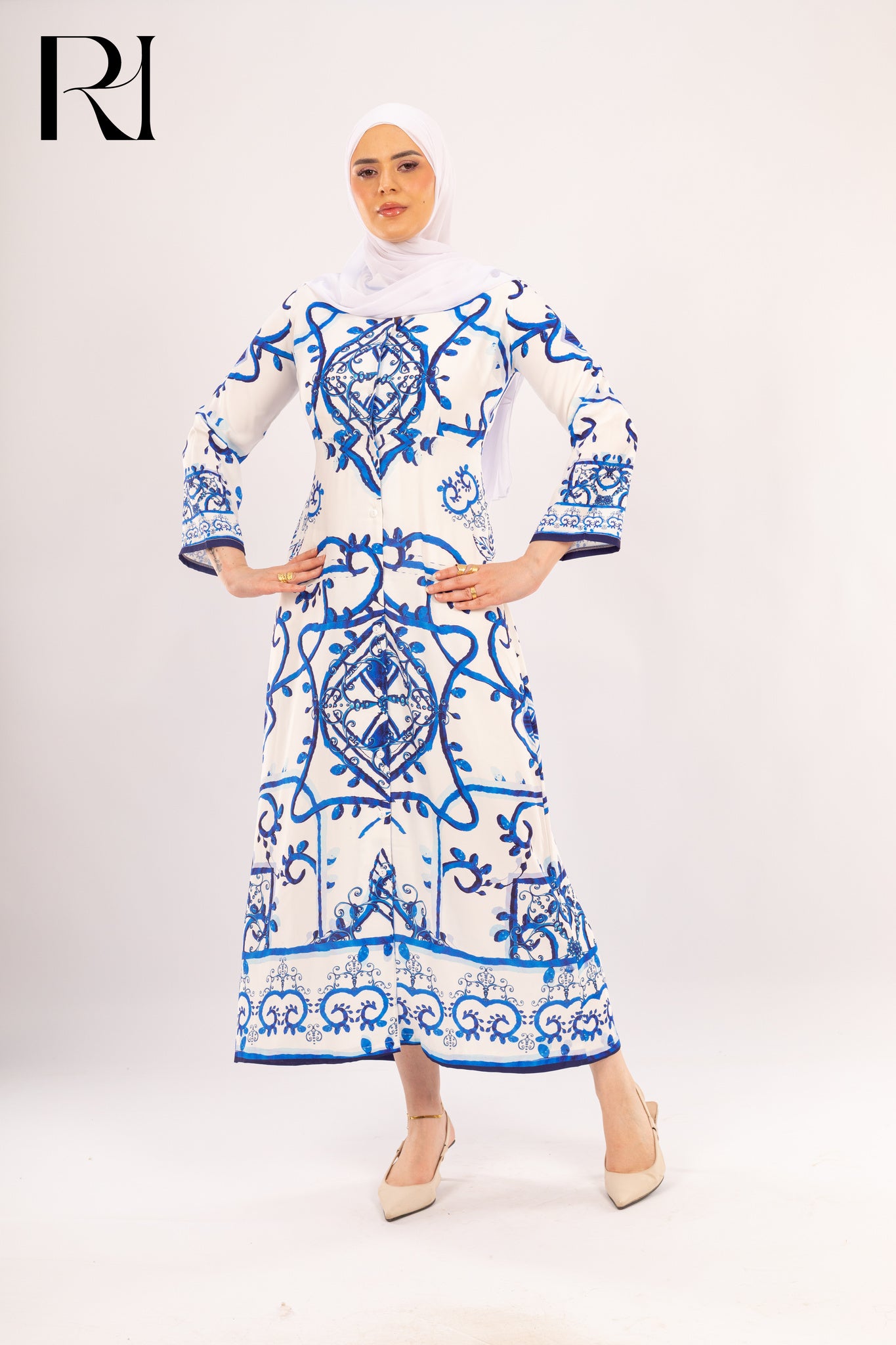 Elara Azure Tile Print Modest Maxi Dress - Ruehaya