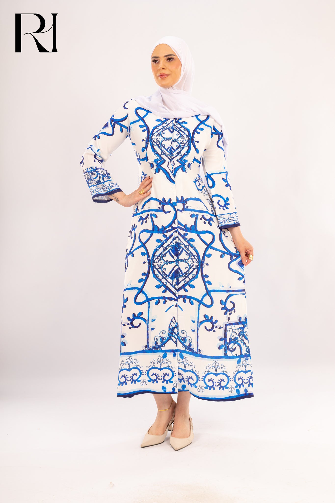 Elara Azure Tile Print Modest Maxi Dress - Ruehaya