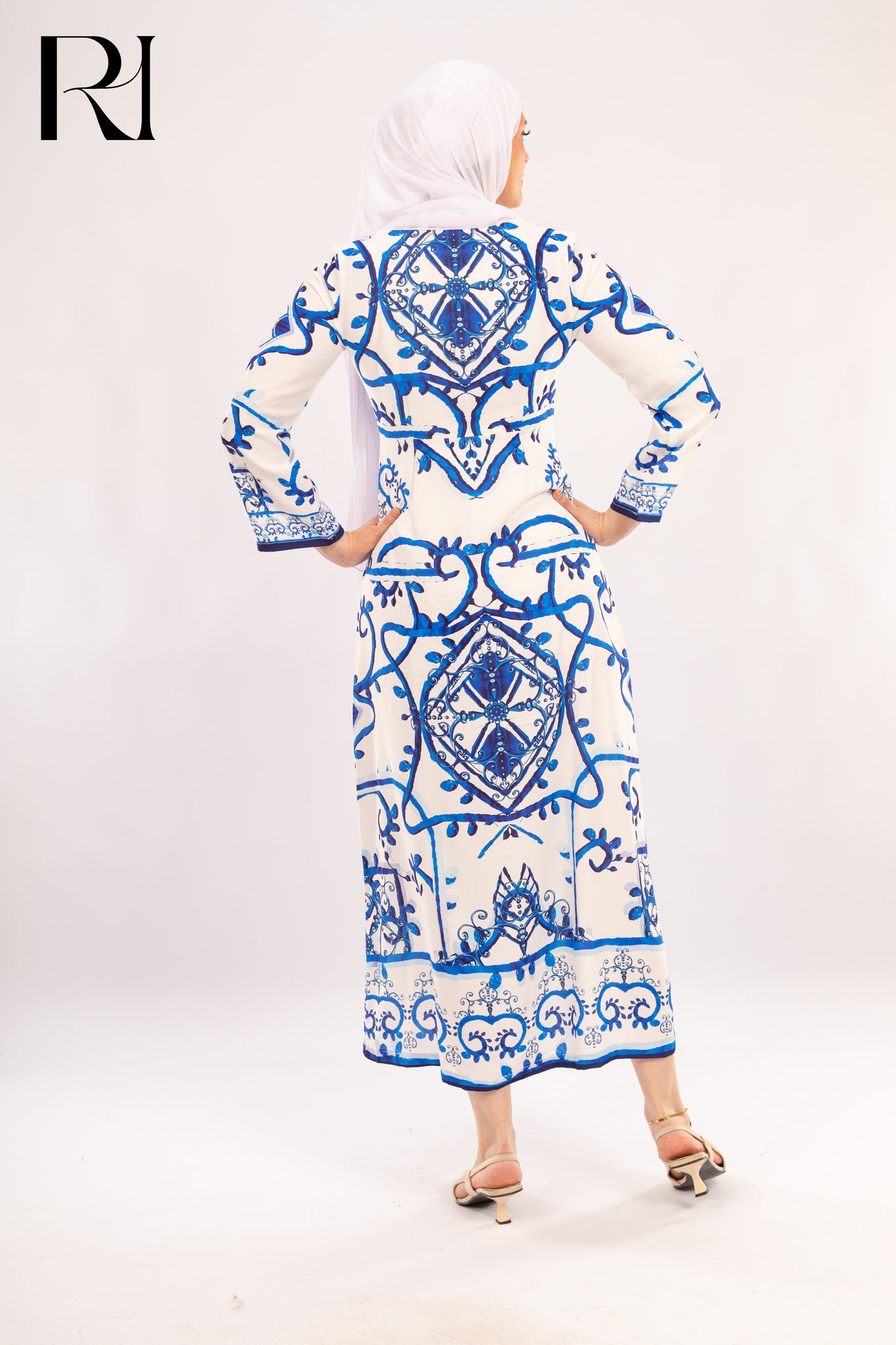 Elara Azure Tile Print Modest Maxi Dress - Ruehaya