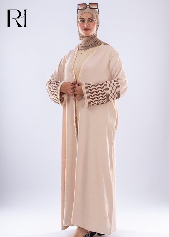 Elegant Beige Keffiyeh Inspired Abaya Modest Fashion - Ruehaya