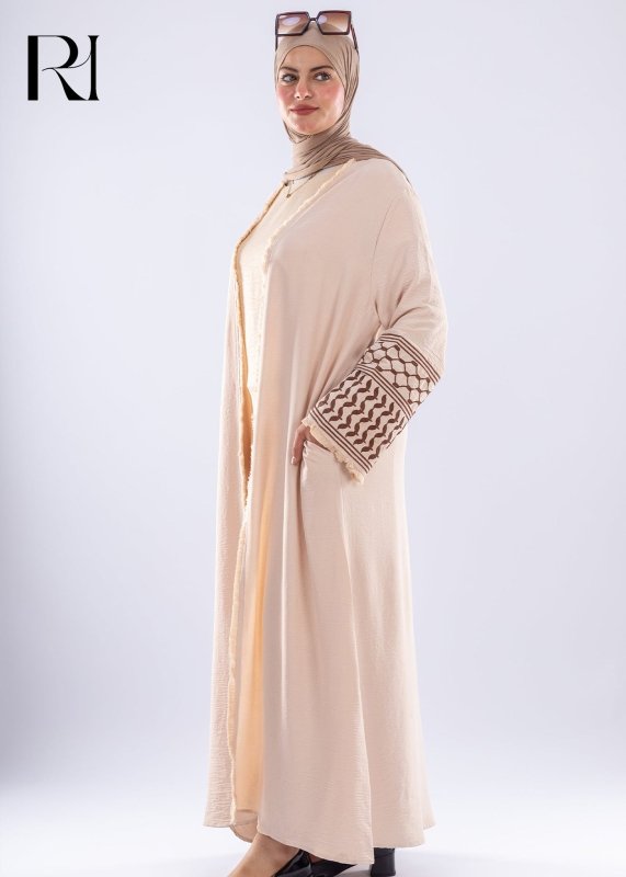 Elegant Beige Keffiyeh Inspired Abaya Modest Fashion - Ruehaya