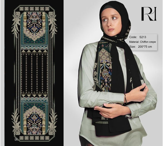 Elegant Black Chiffon Hijab with Intricate Ornamental Print - Ruehaya