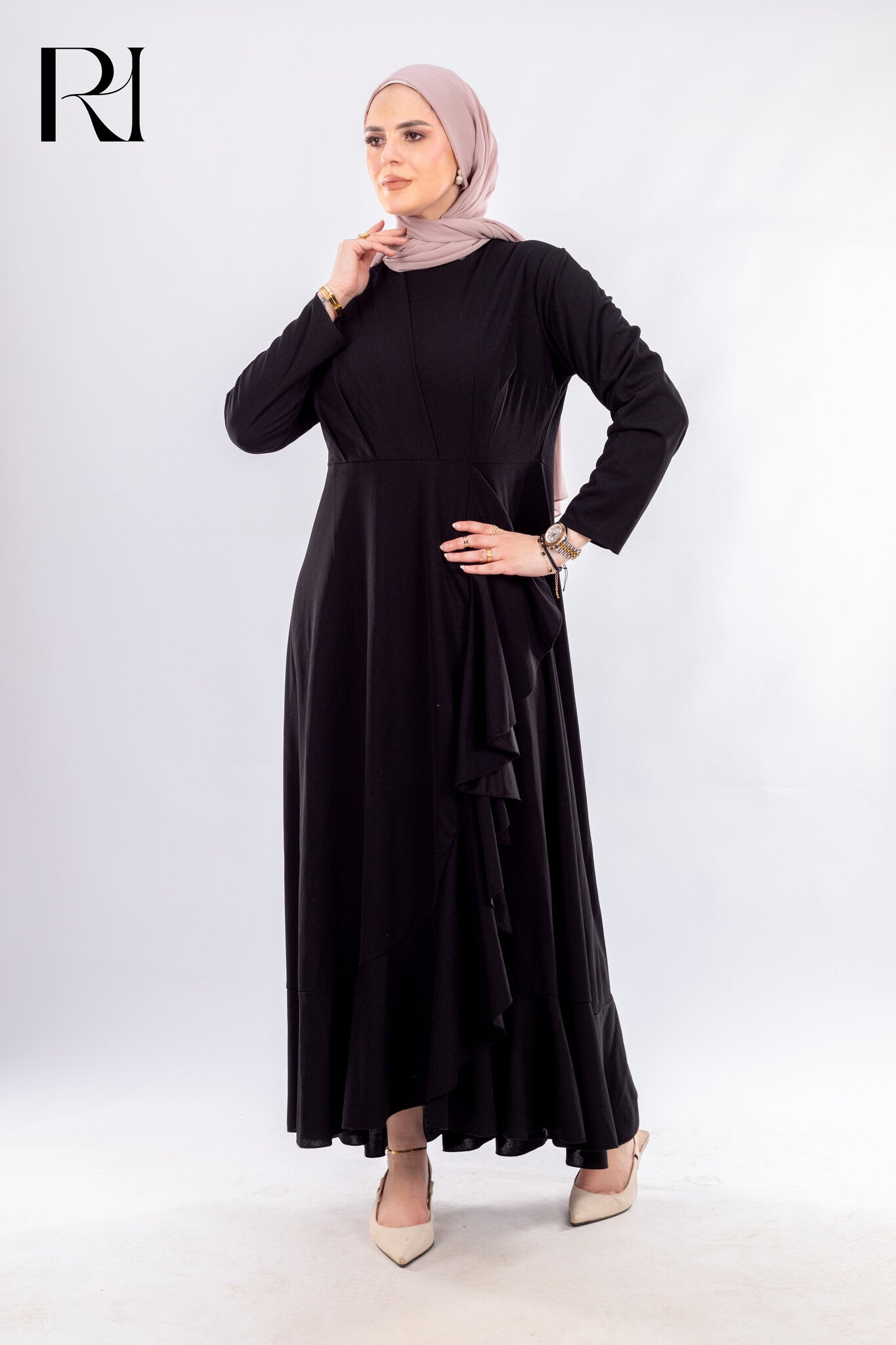 Elegant Black Ruffled Maxi Dress - Ruehaya