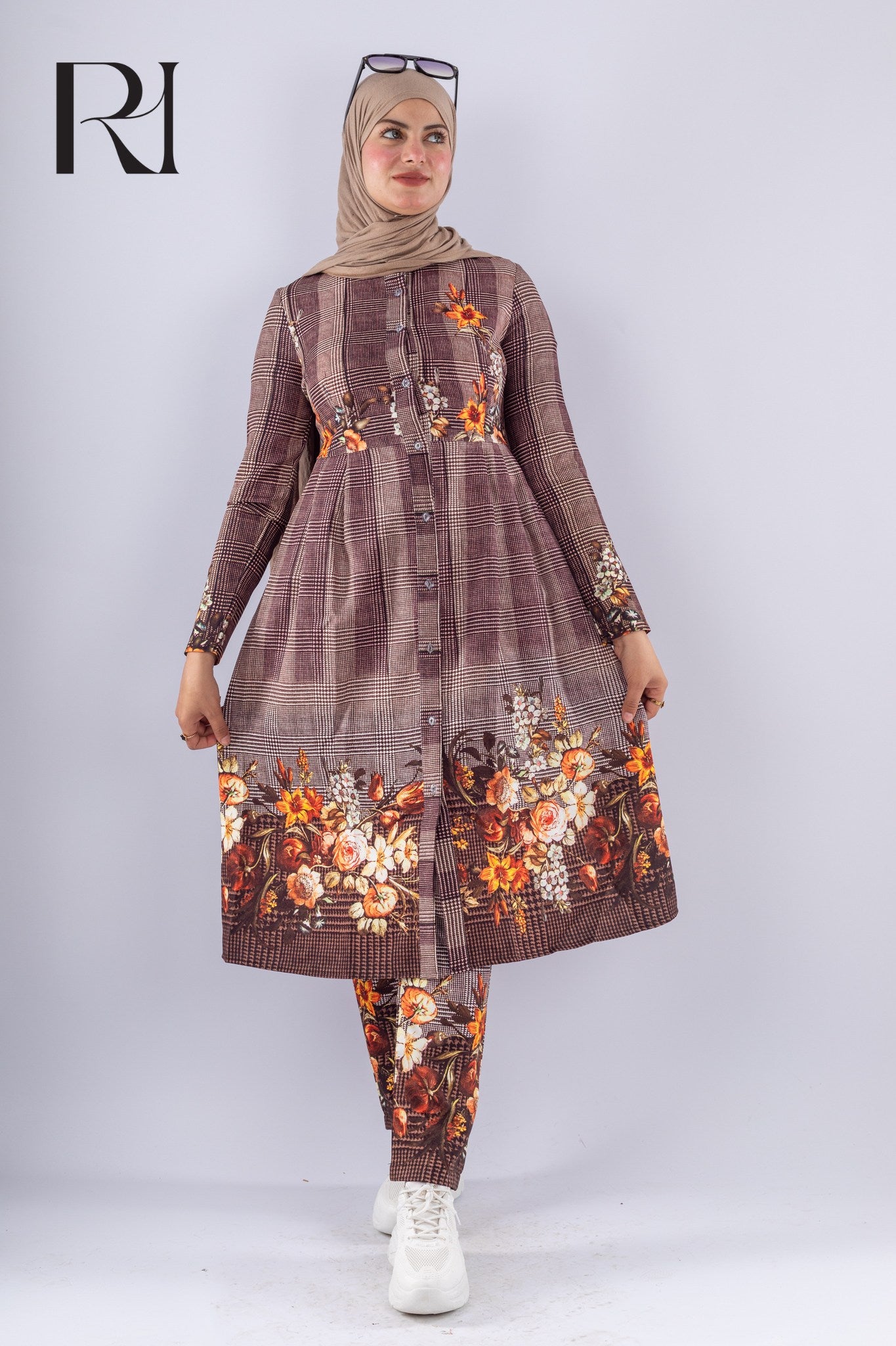 Elegant Brown Floral Print Tunic & Pants Set Modest Outfit - Ruehaya