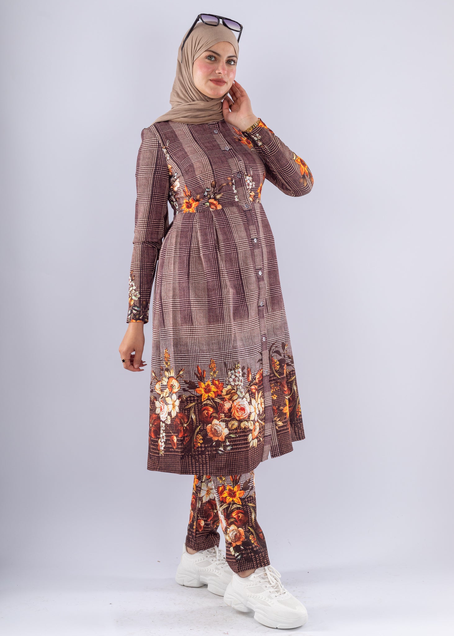 Elegant Brown Floral Print Tunic & Pants Set Modest Outfit - Ruehaya