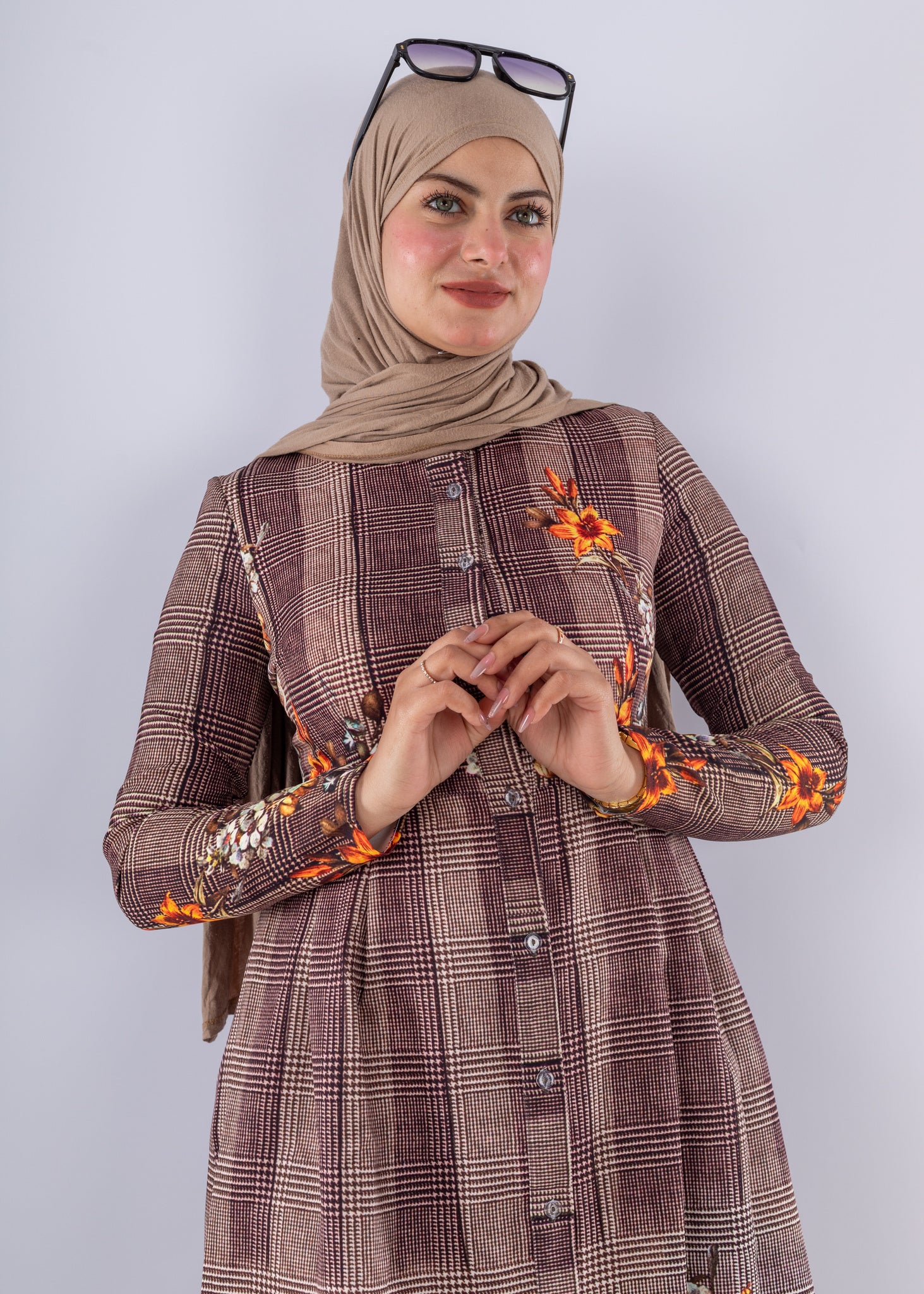 Elegant Brown Floral Print Tunic & Pants Set Modest Outfit - Ruehaya