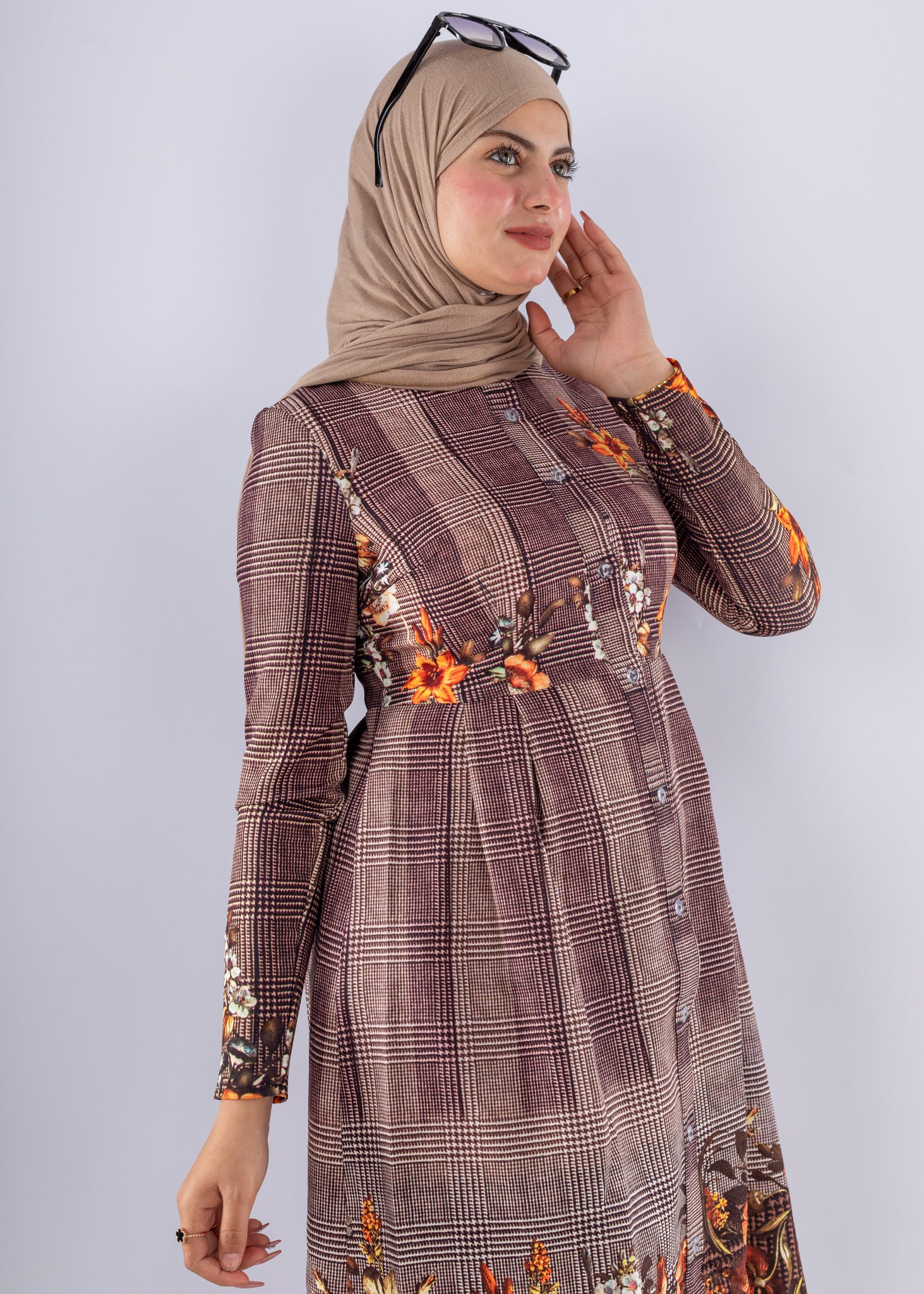 Elegant Brown Floral Print Tunic & Pants Set Modest Outfit - Ruehaya