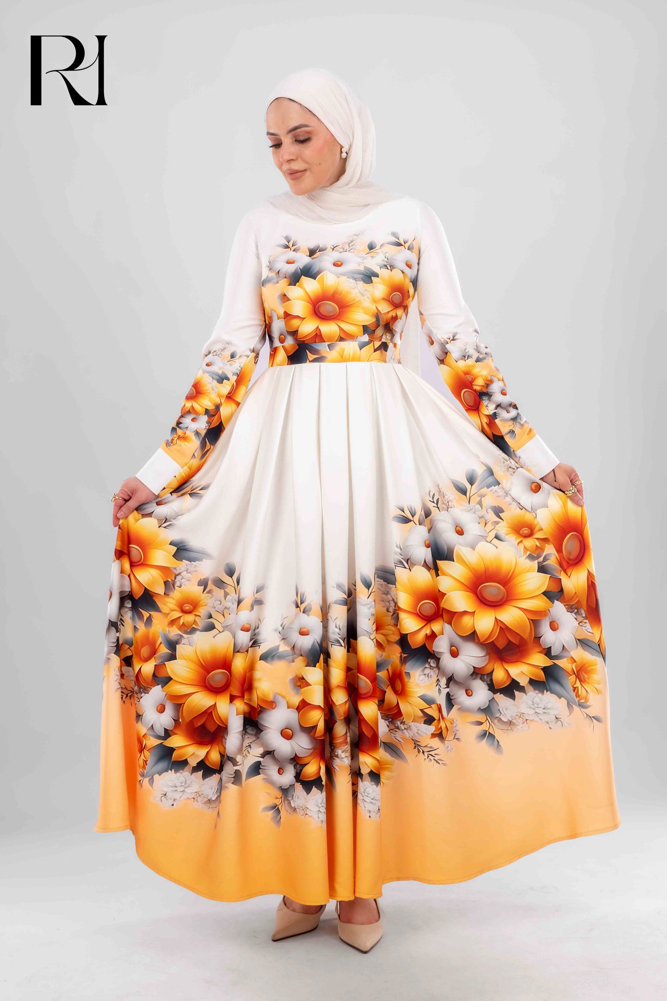 Elegant Floral Maxi Dress with Sunflower Print - Ruehaya