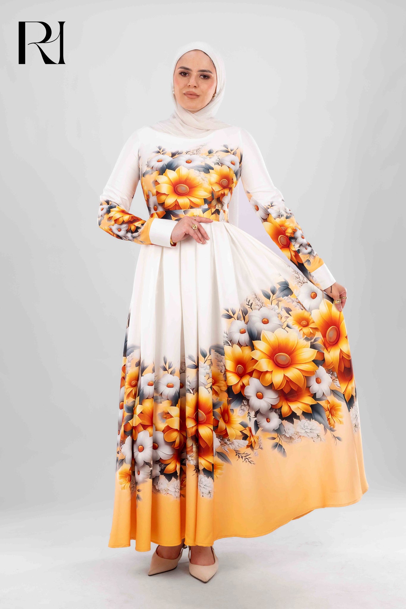 Elegant Floral Maxi Dress with Sunflower Print - Ruehaya